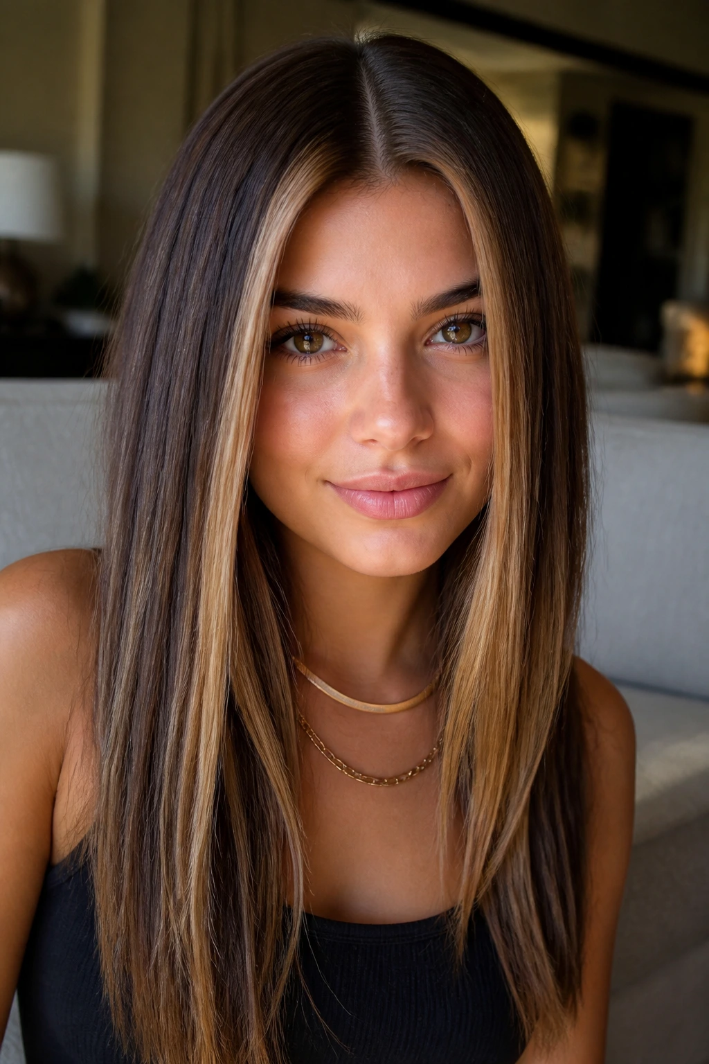 Real person with caramel streaks along a middle part