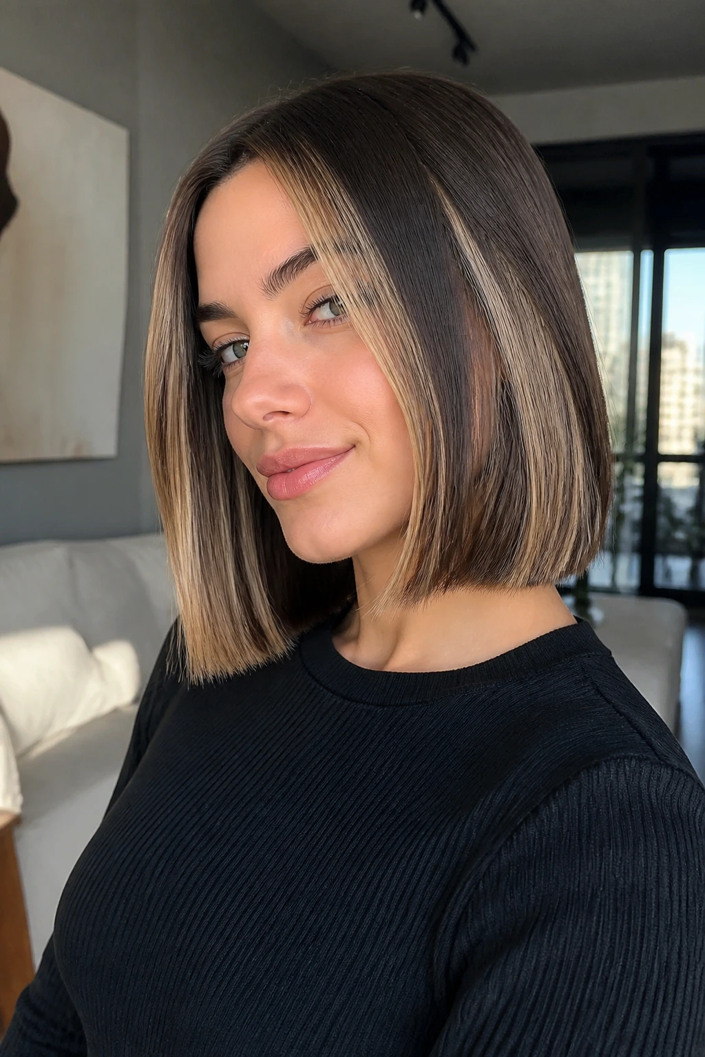 Real woman with blunt cut and caramel stripe highlights.