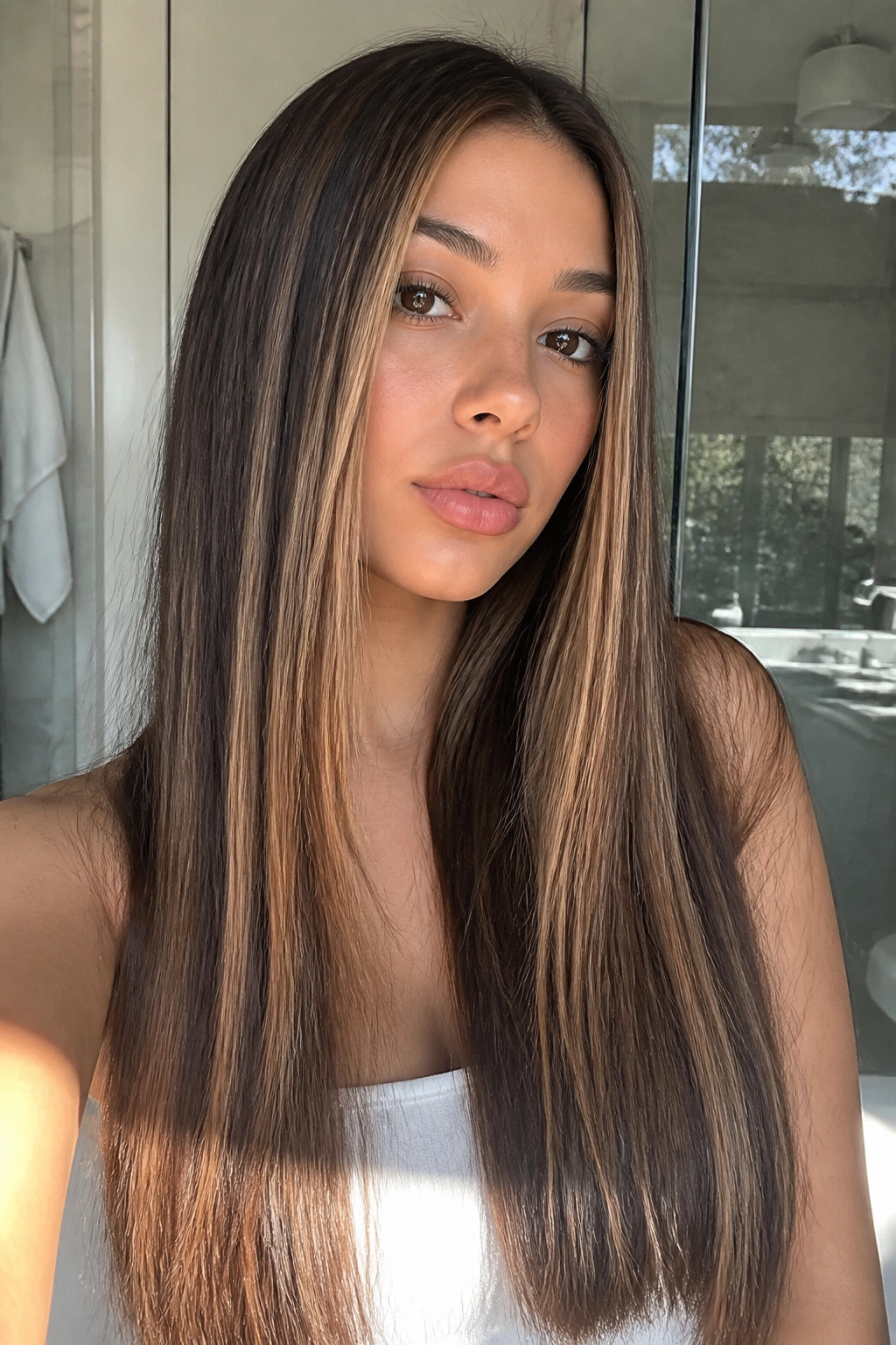 Close-up of straight hair with vertical caramel stripes on a real person
