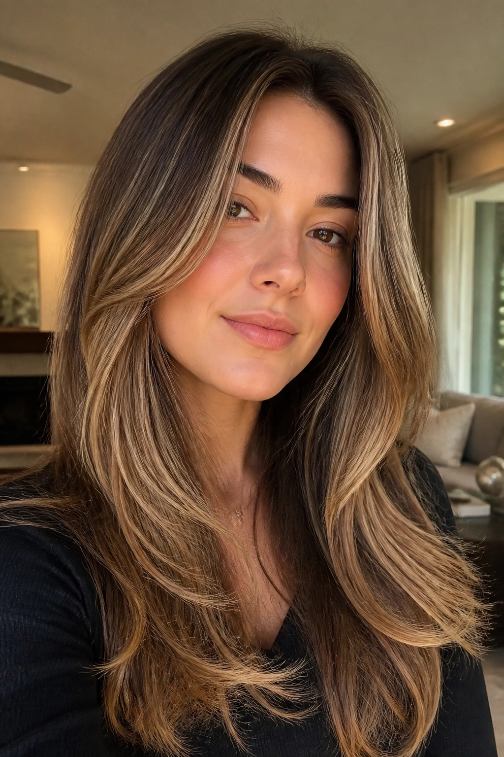 Close-up of caramel veil balayage on long layered hair on a real person