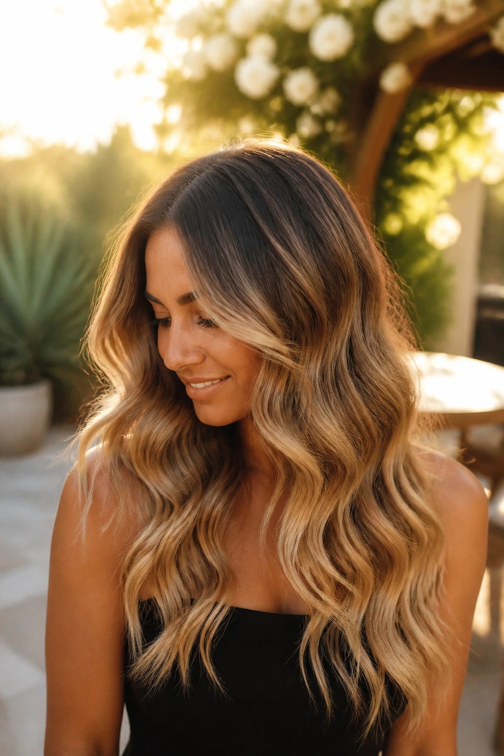 Real woman with caramel to blonde ombre in wide waves outdoors