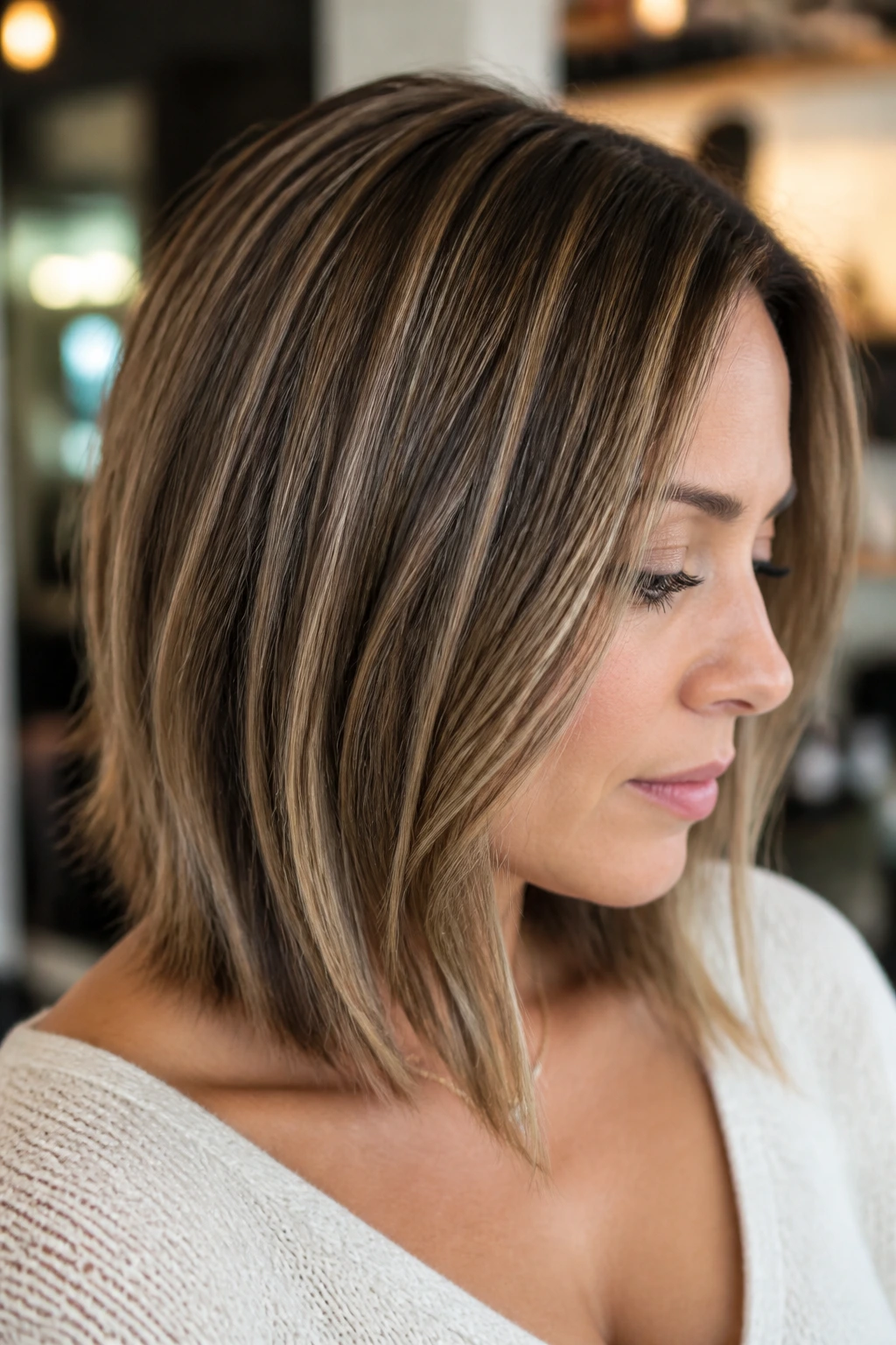 Close-up of a real woman with ultra-fine caramel weave in fine hair
