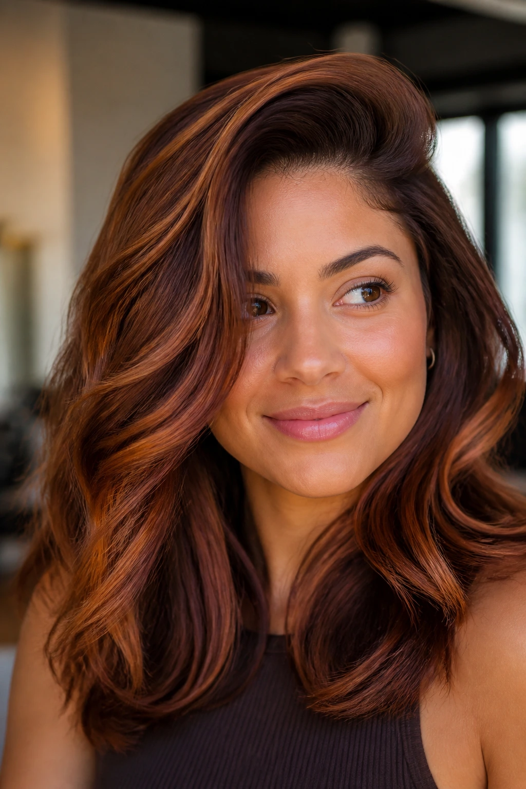 Close-up of a woman with caramelized red-brown balayage and a deep side part.