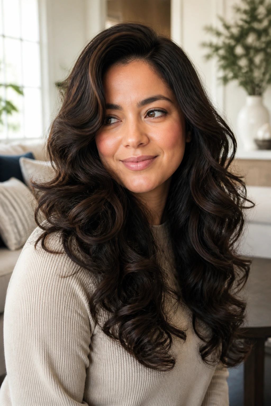 Close-up of cascading curls with an off-center part on a real woman.