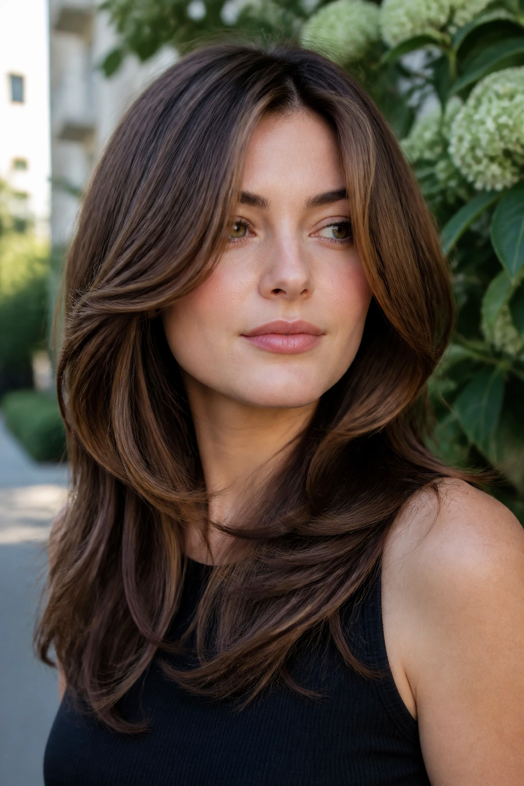 Close-up of a woman with cascading layers starting near the cheekbone in brown hair