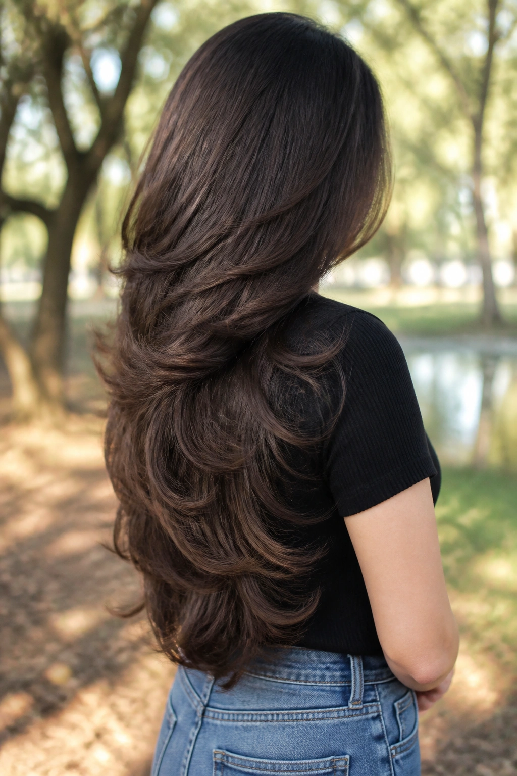 Back view of a real person with cascading layers on thick, dense hair