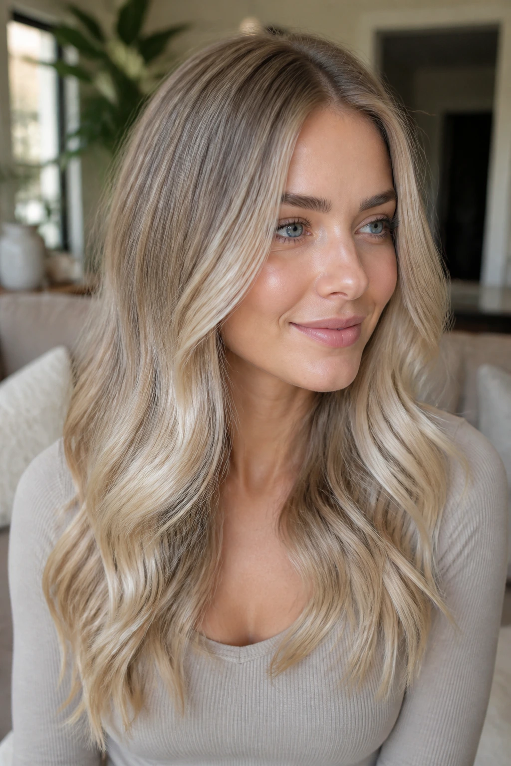 Close-up portrait of a real woman showing cashmere beige blonde melt with seamless color transition
