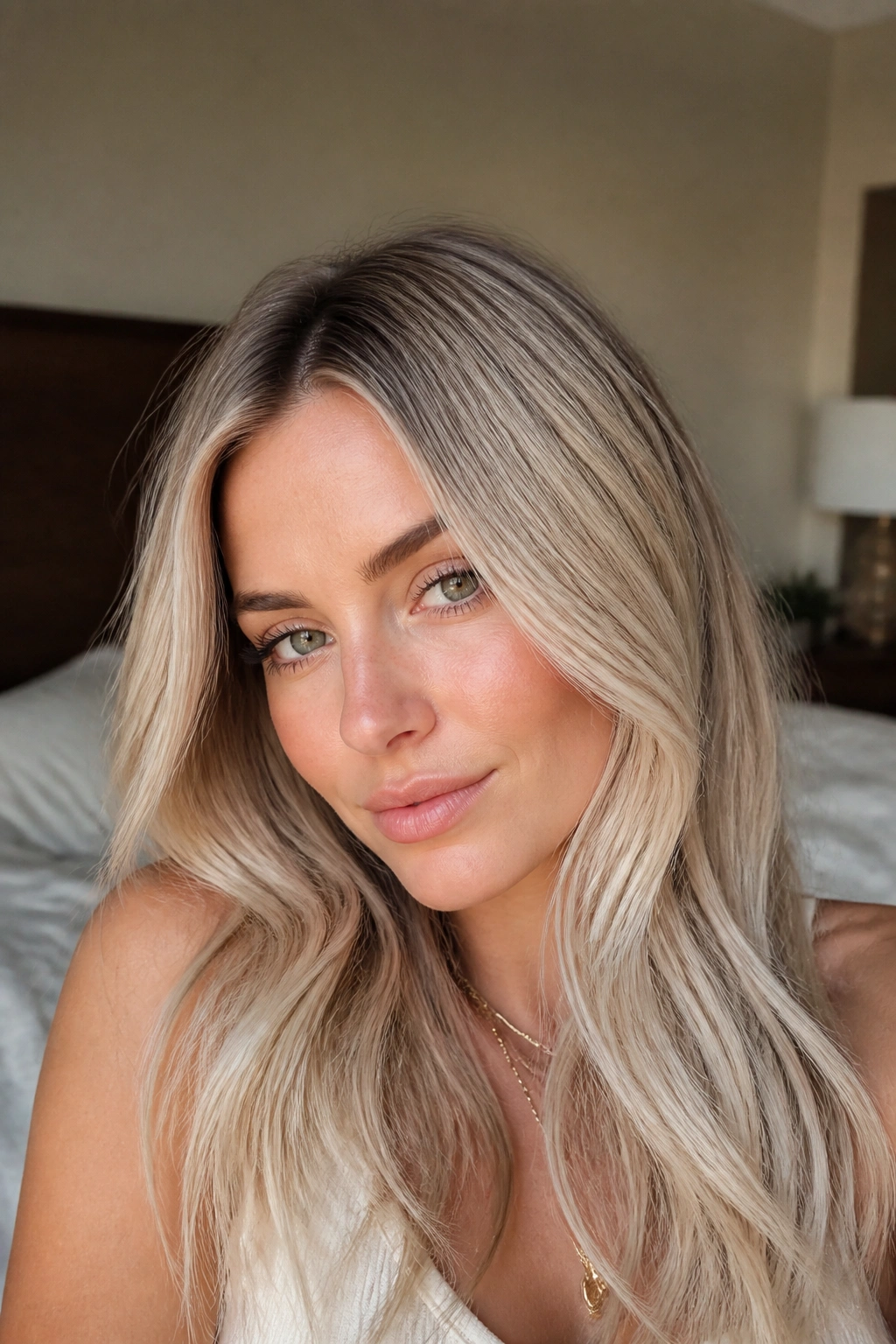Close-up portrait of a real woman with cashmere blonde hair and shadow root in warm natural light