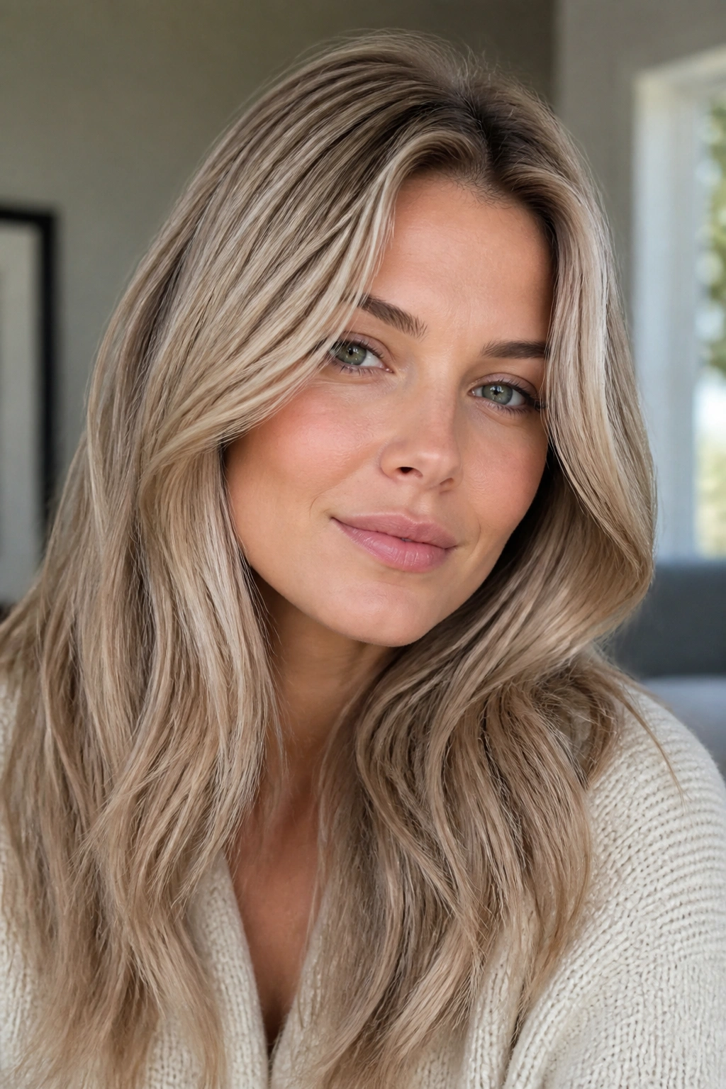 Portrait of a real woman with cashmere sand blonde hair and soft cool tones.