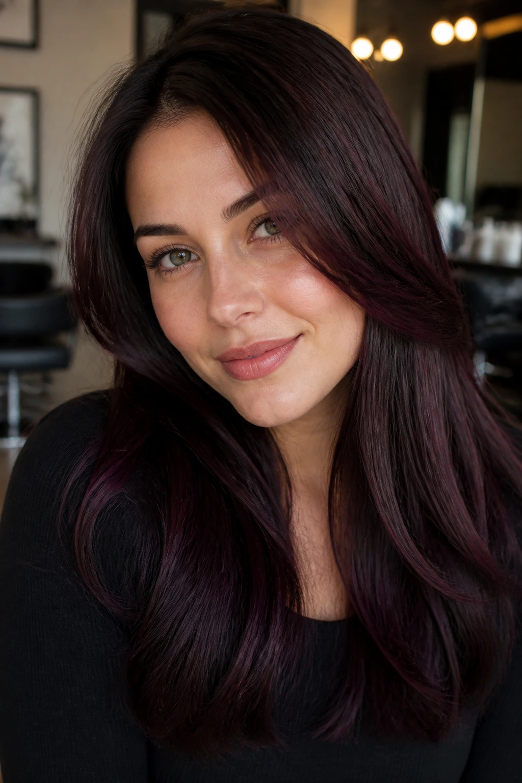 Close-up of brunette with cassis gloss hair and cool undertones