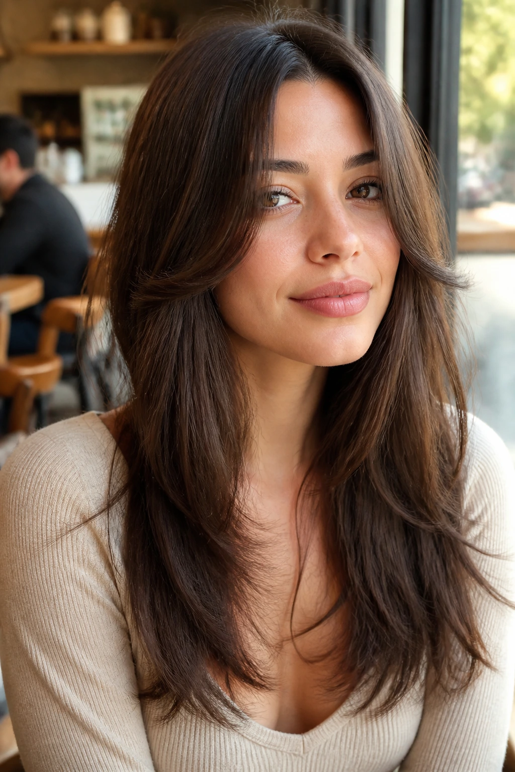 Close-up of a real woman showing C-cut layers framing the face in bright daylight