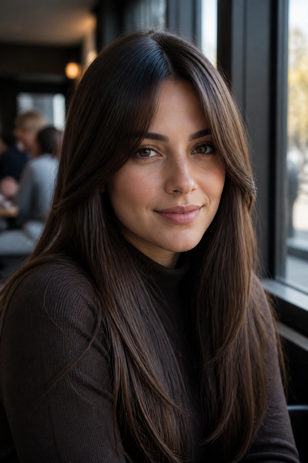 Close-up portrait of a real woman with long sleek brunette hair and center curtain fringe