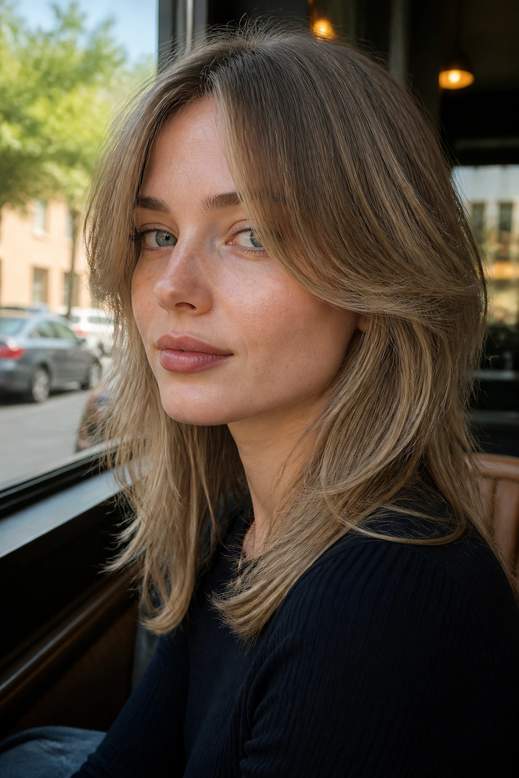 Real person with center-part airy shag showing soft movement mid-lengths