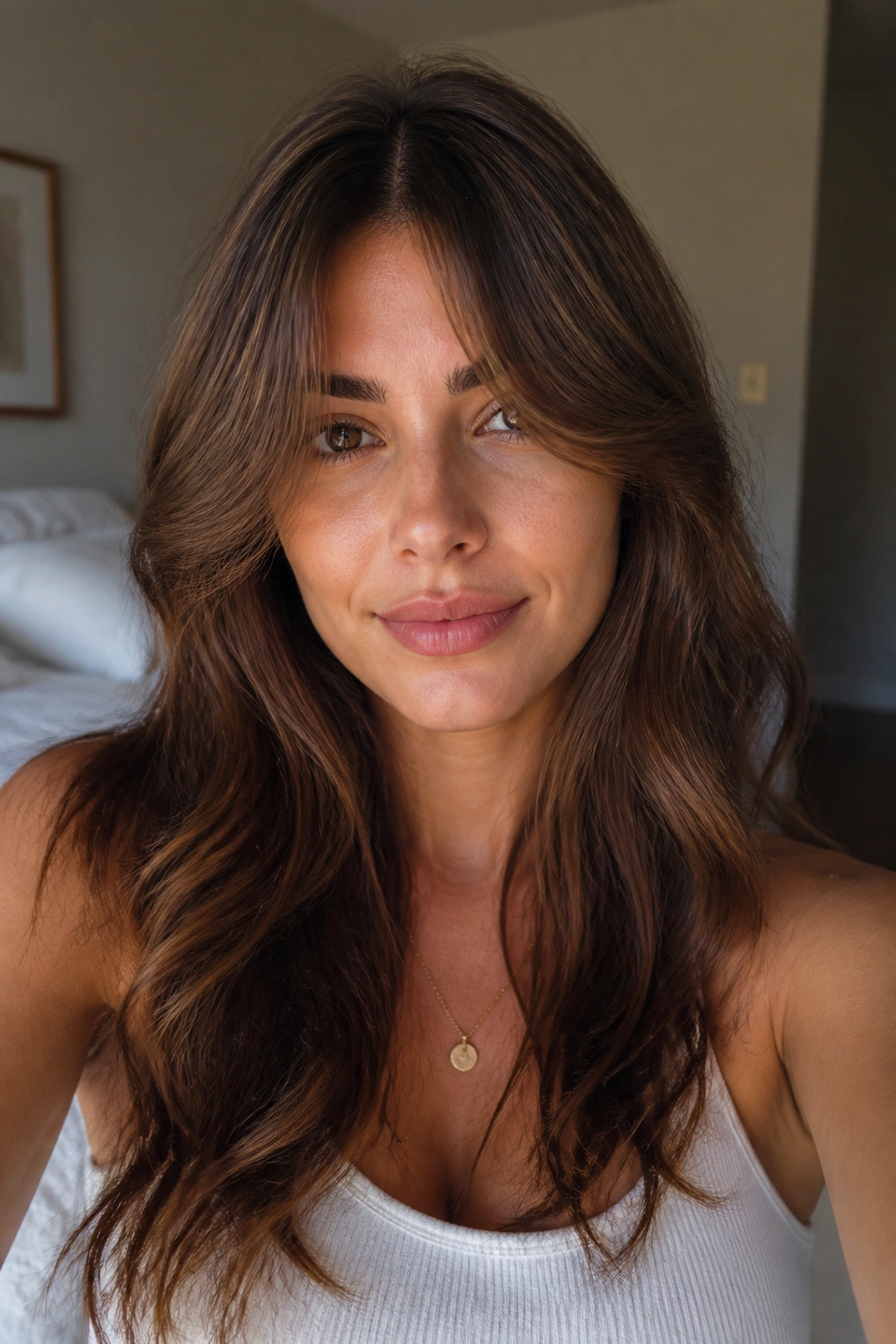 Close-up of a woman with center-part bangs opening at the nose