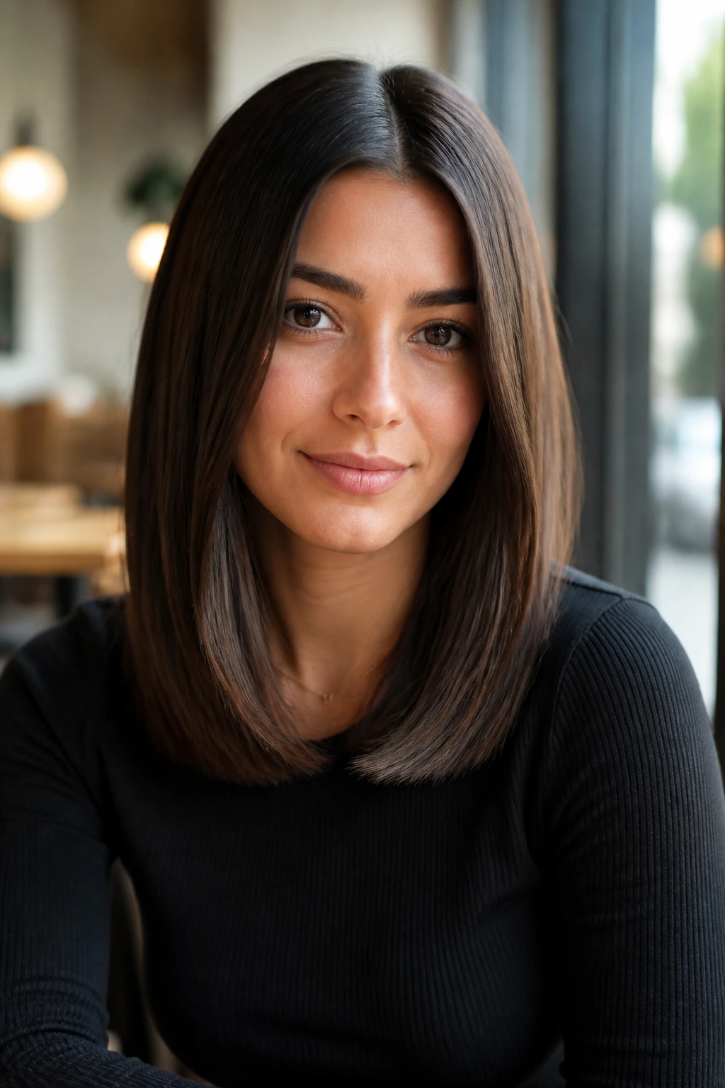 Close-up of a real woman with a center-part bevel cut, softened ends for a round face