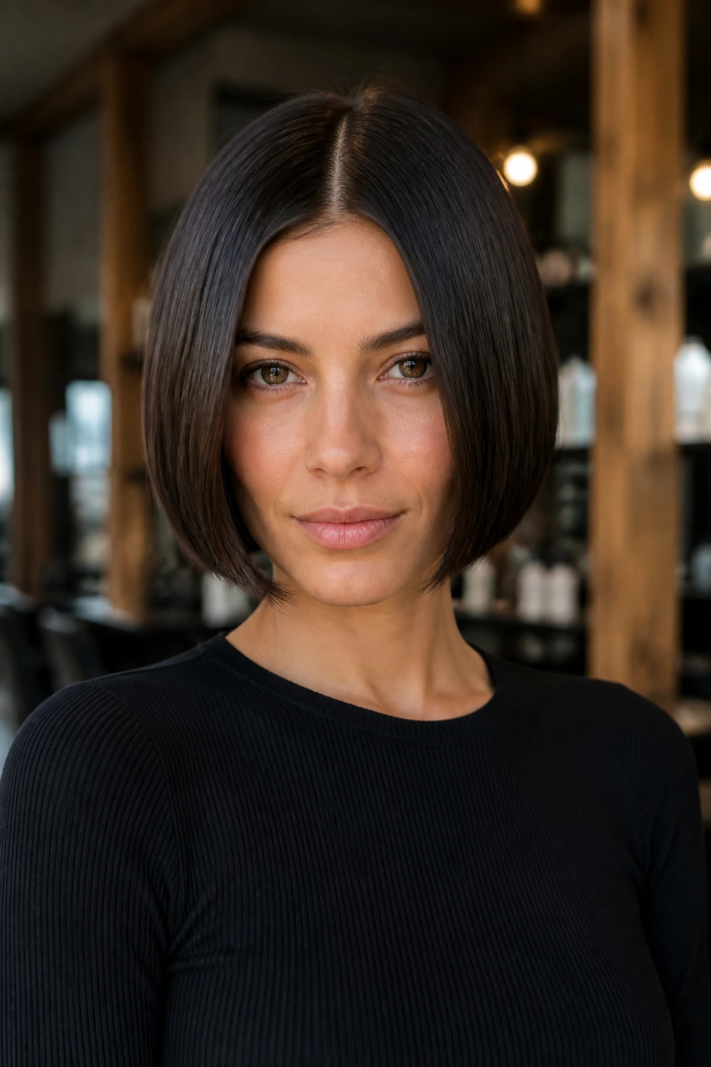 Portrait of a brunette woman with center-part blunt bob
