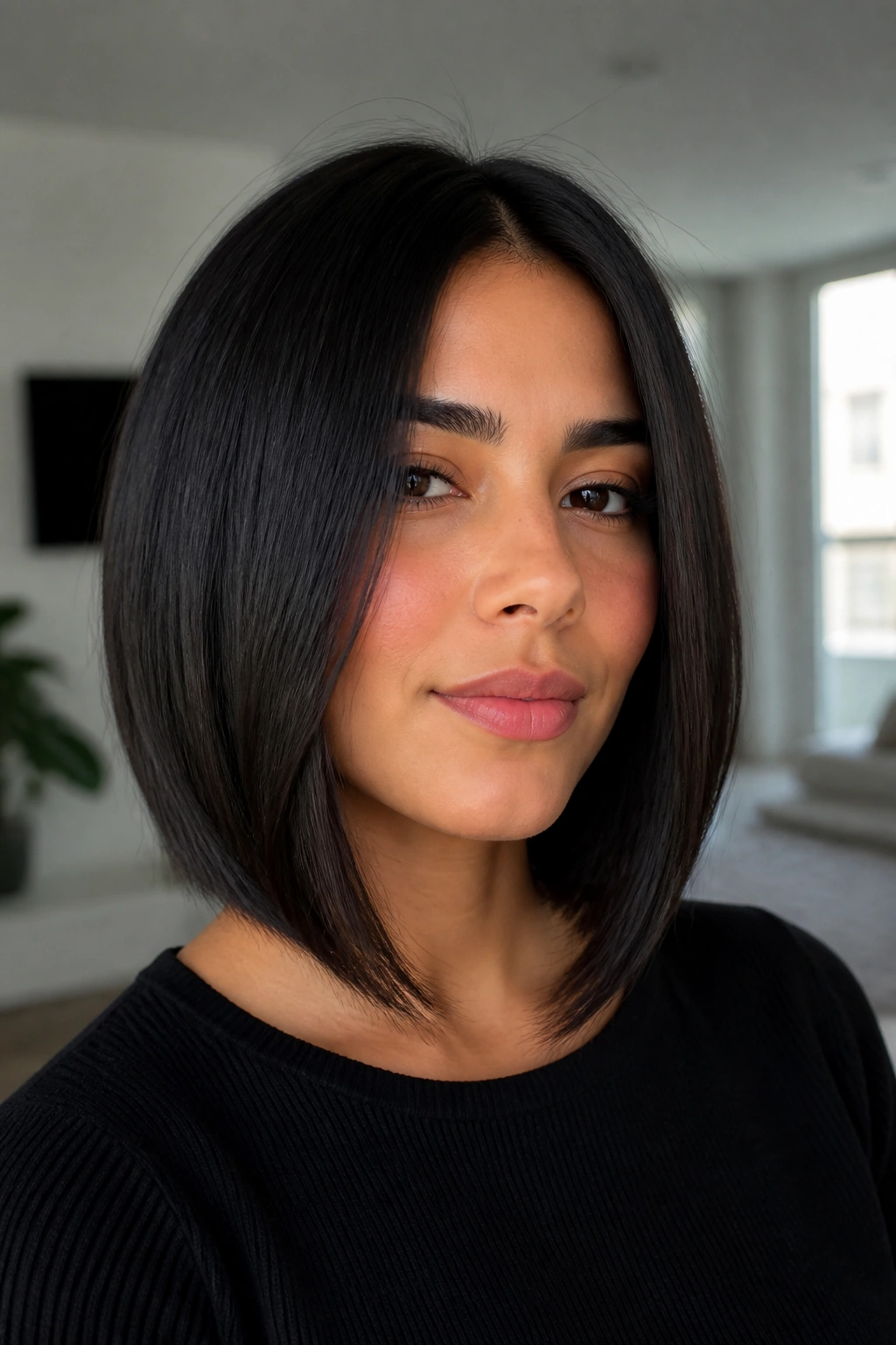 Close-up of a real person with a sleek center-part bob and face-framing pieces