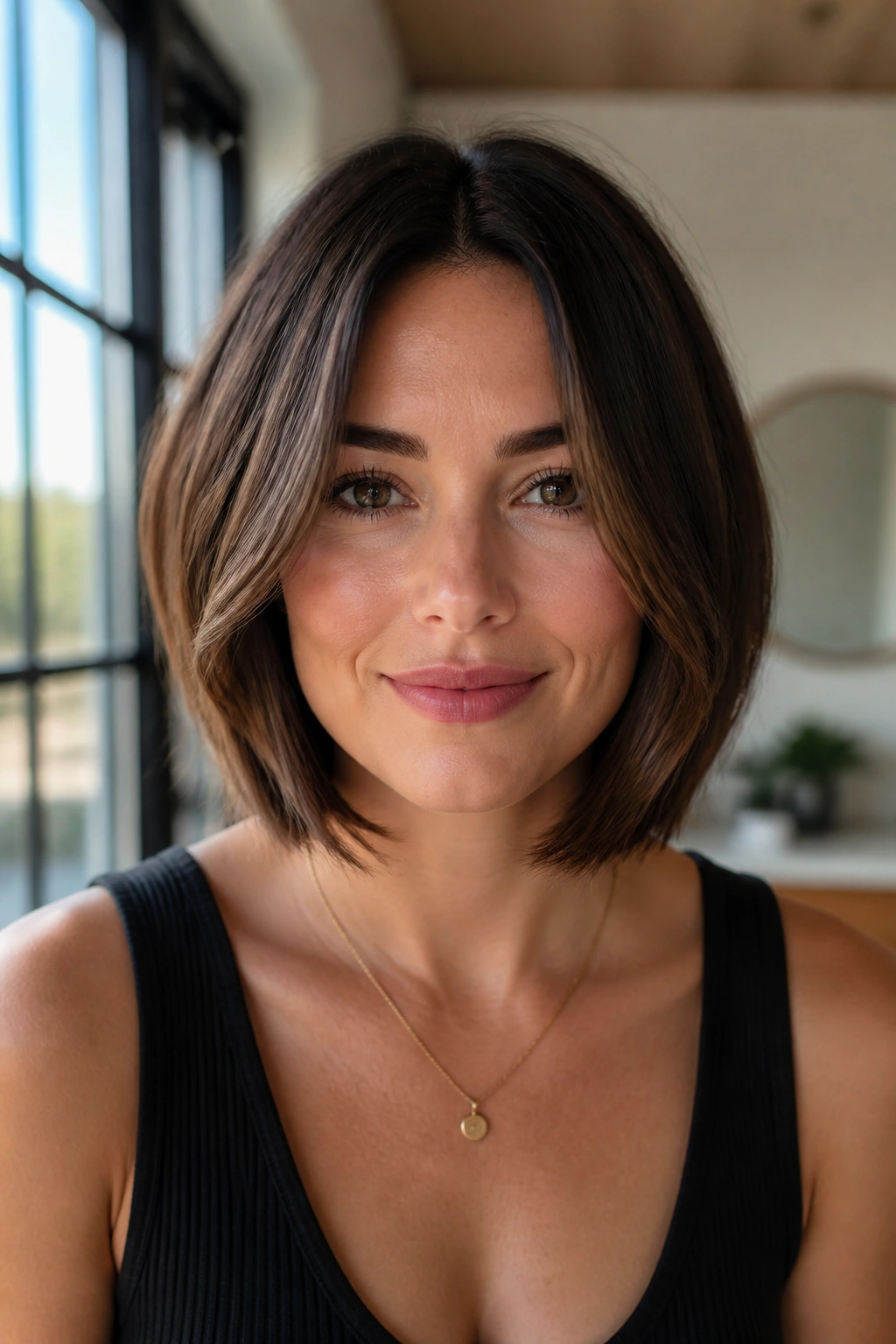 Close-up of a real woman with center-part bob and blended face framing in brunette