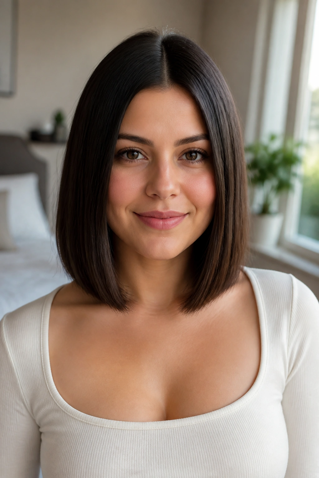 Center-part long straight bob on a real woman with collarbone-length blunt edge in natural window light