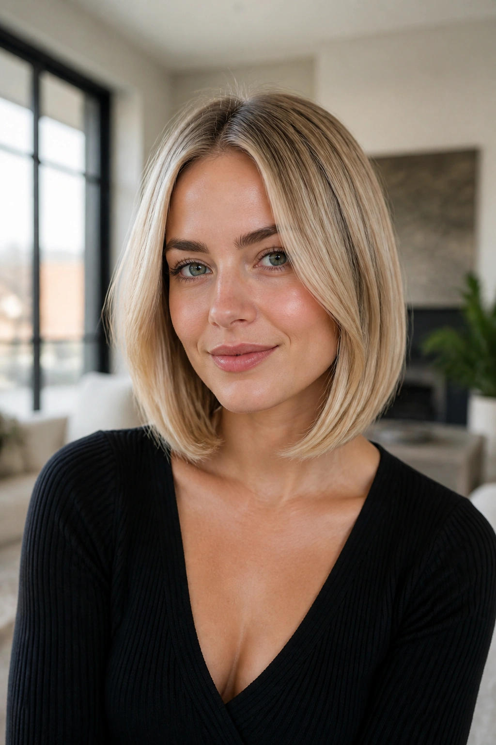 Close-up of a real woman with a center-part bob and curved ends.