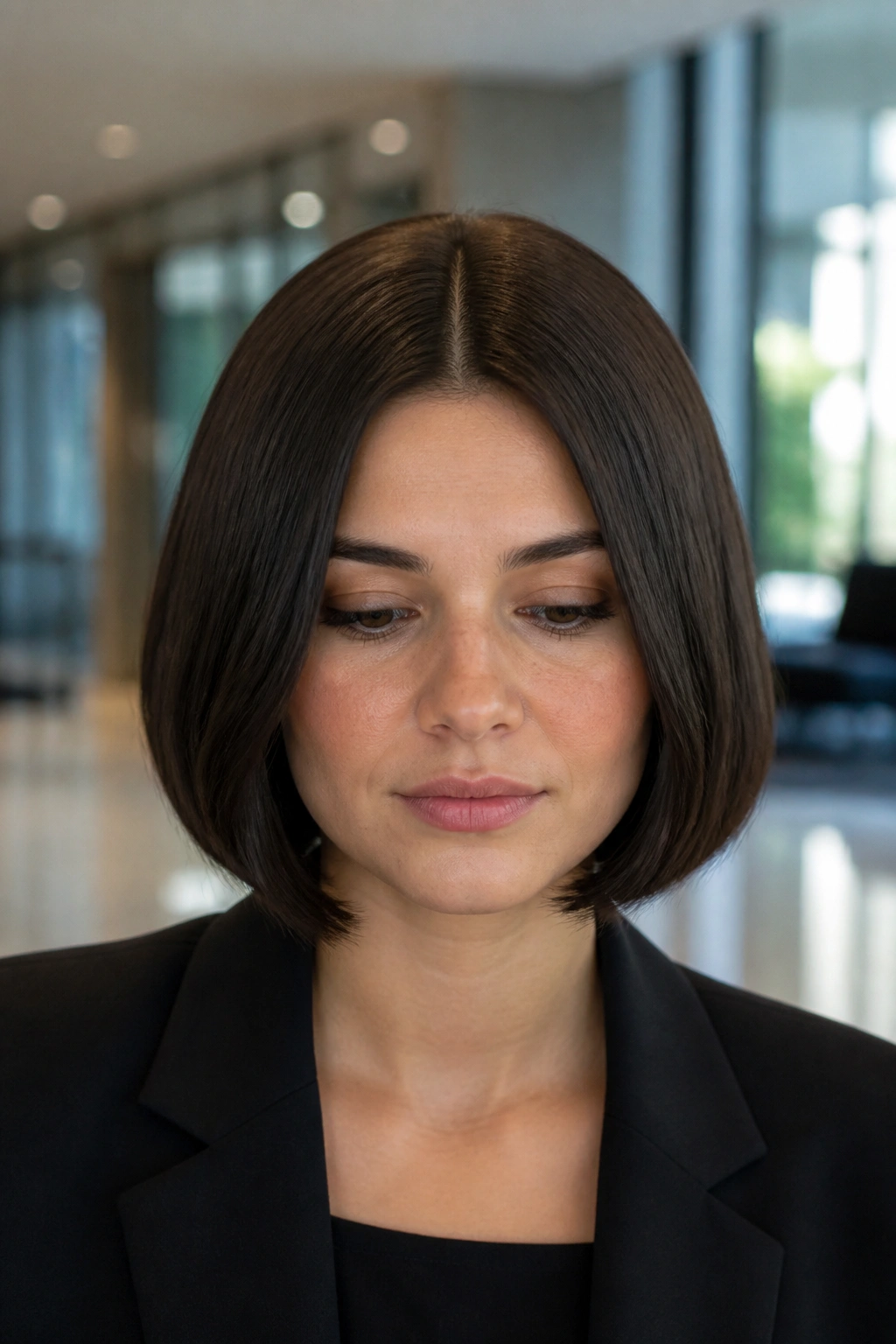 Real woman with sleek center-part bob in dark cocoa under soft lobby lighting