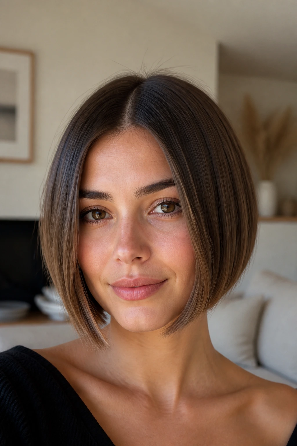 Close-up portrait of a real woman with a center-part bob and equal front corners