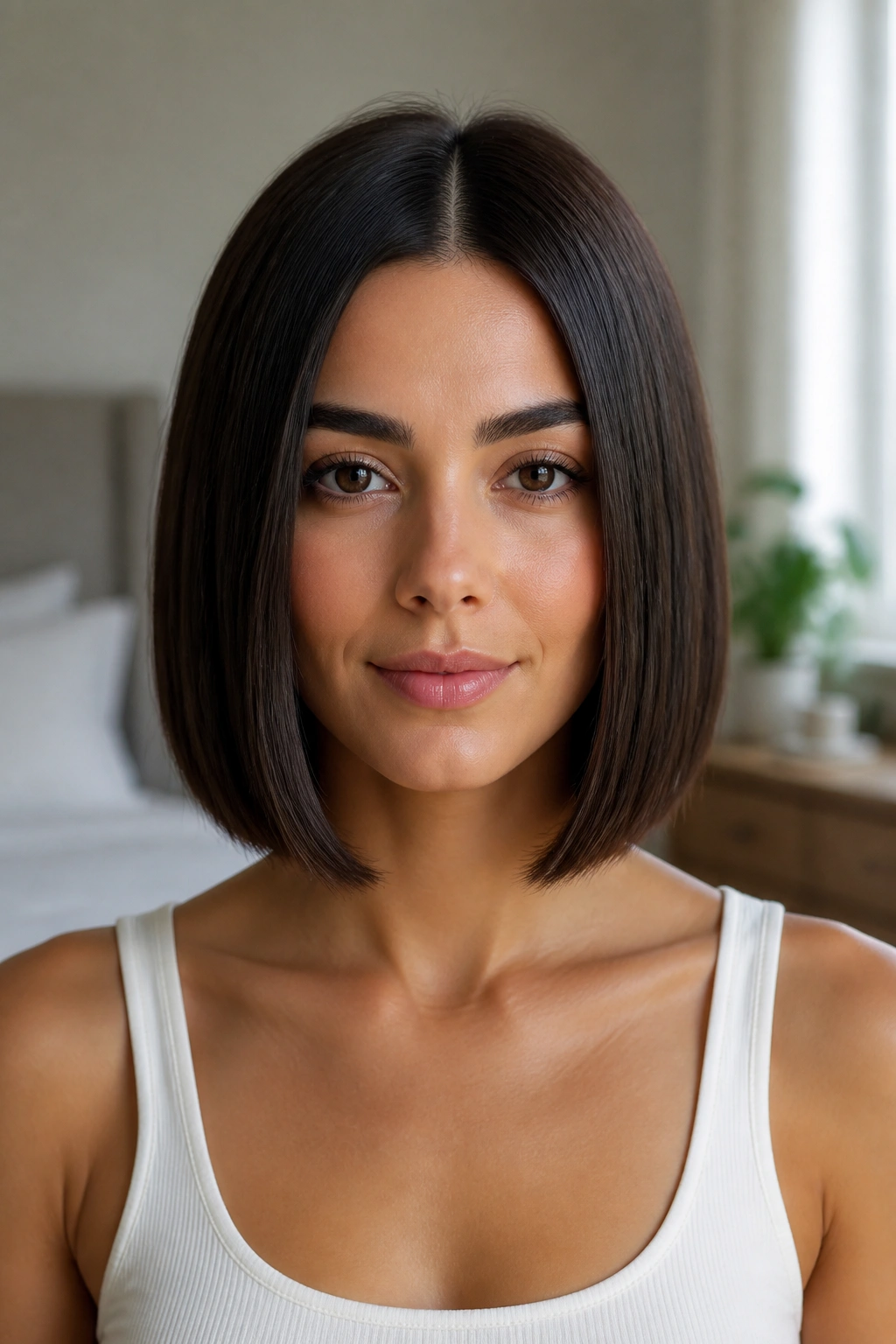 Close-up of real woman with center-parted one-length bob