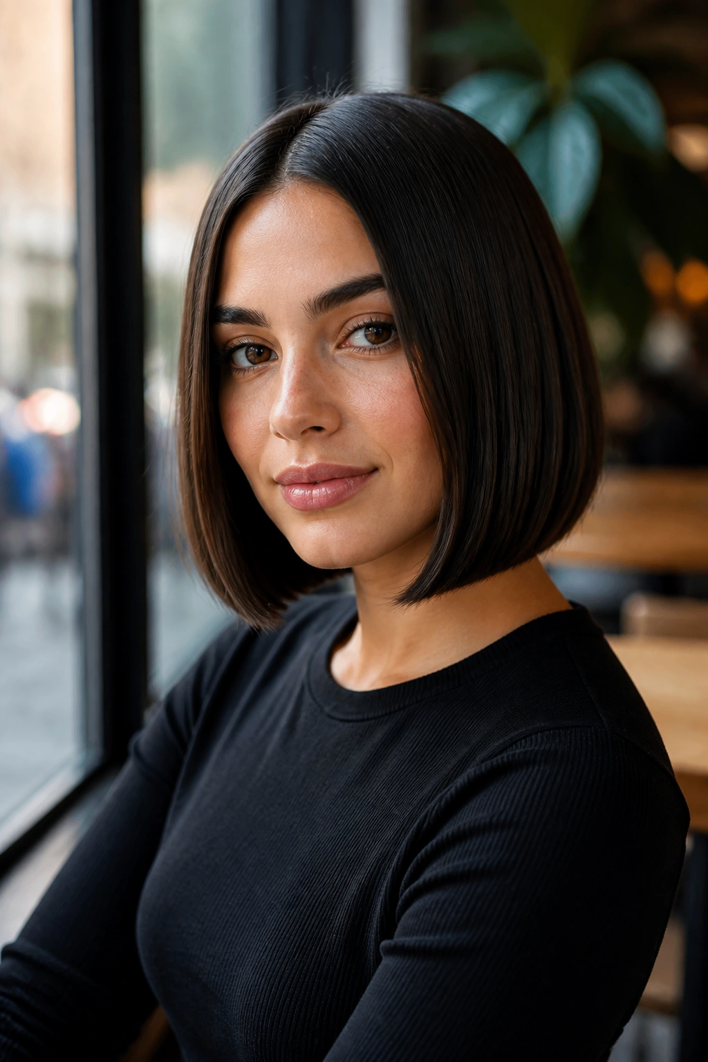 Real woman with sleek center-part bob, ends tucked, long straight line