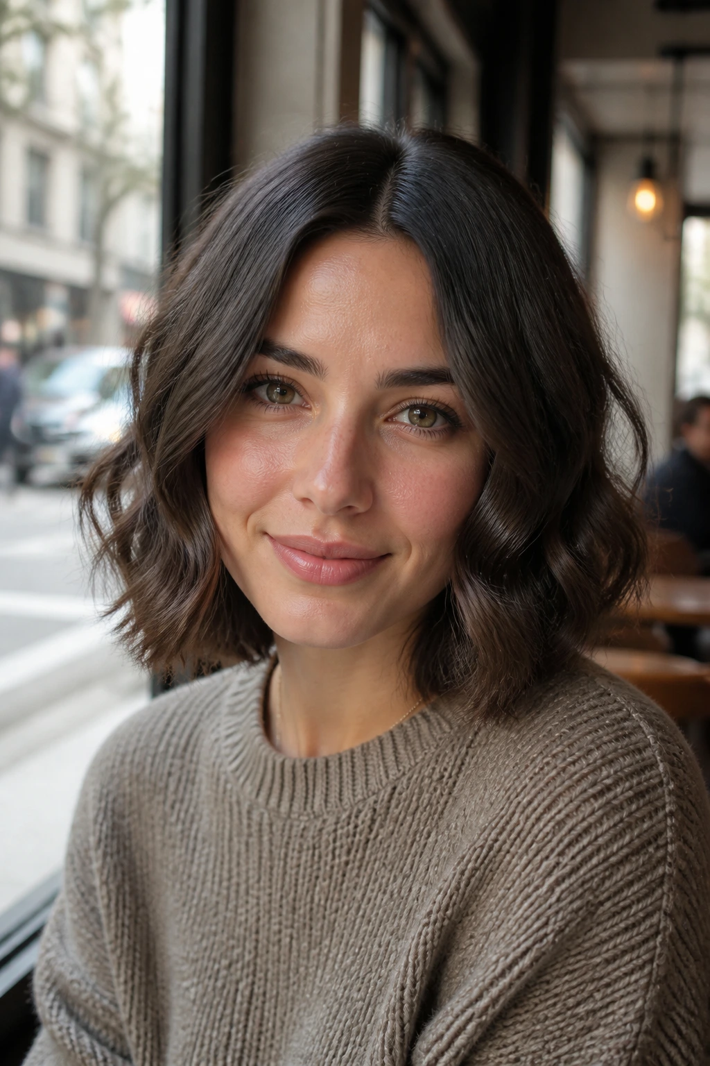 Close-up of a real woman with center-part bob and loose S-waves