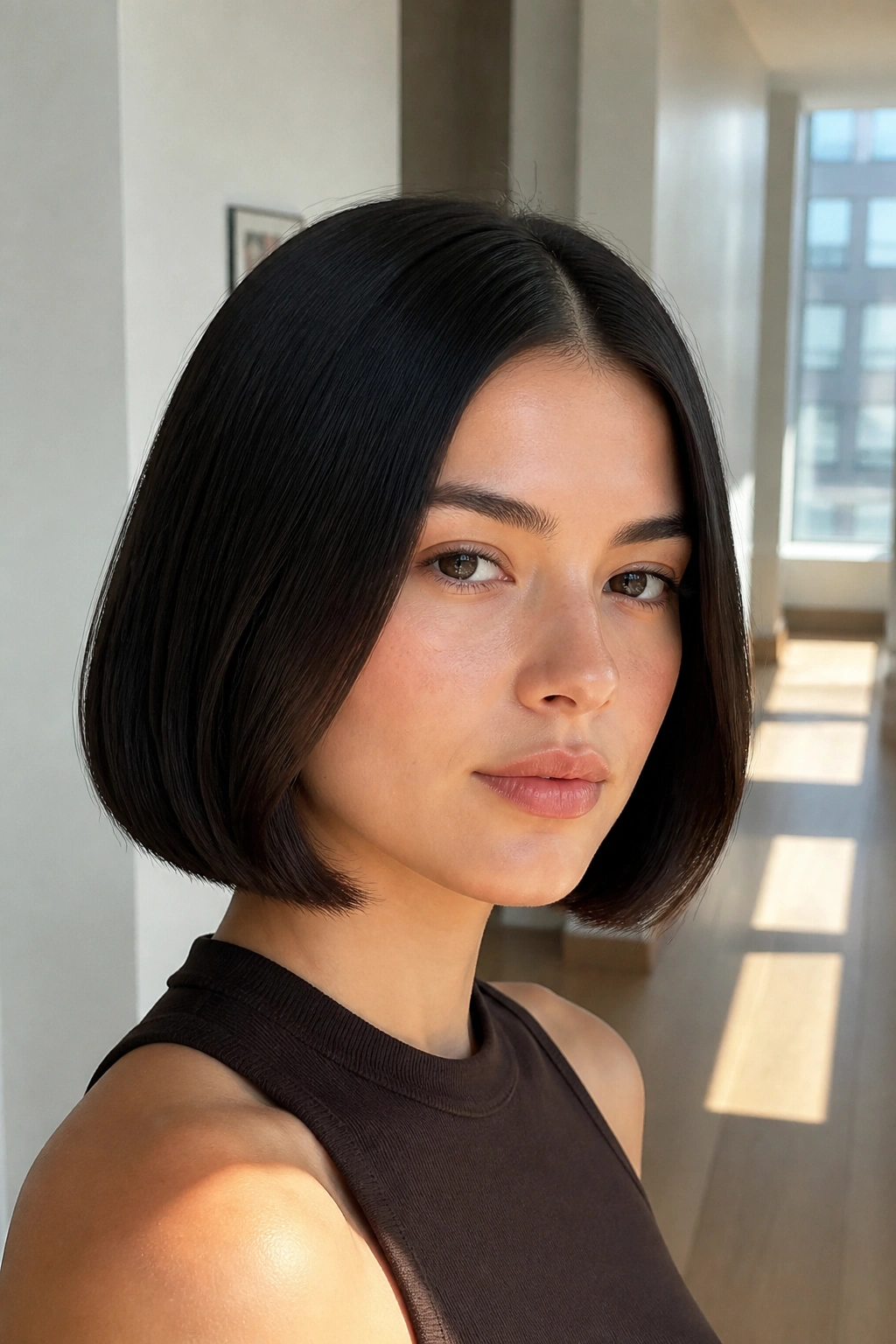 Close-up portrait of a real person with a center-part bob and tucked-under ends in a sunlit hallway.