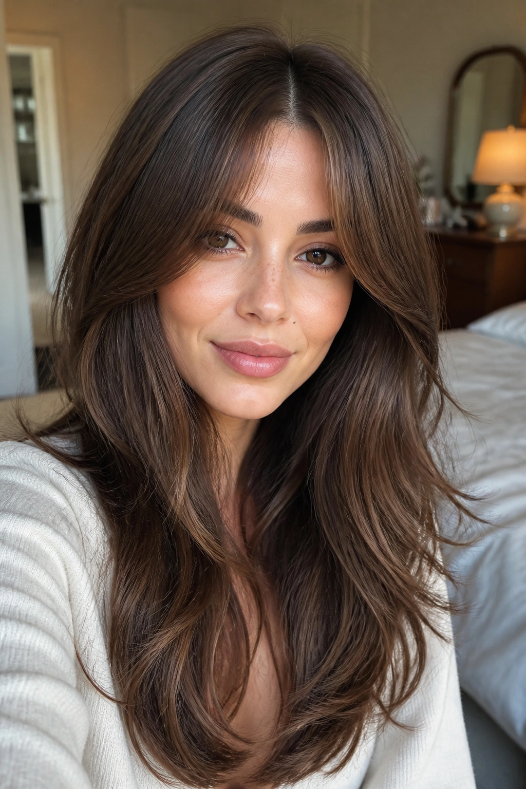 Real woman with center-parted layers and bottleneck bangs