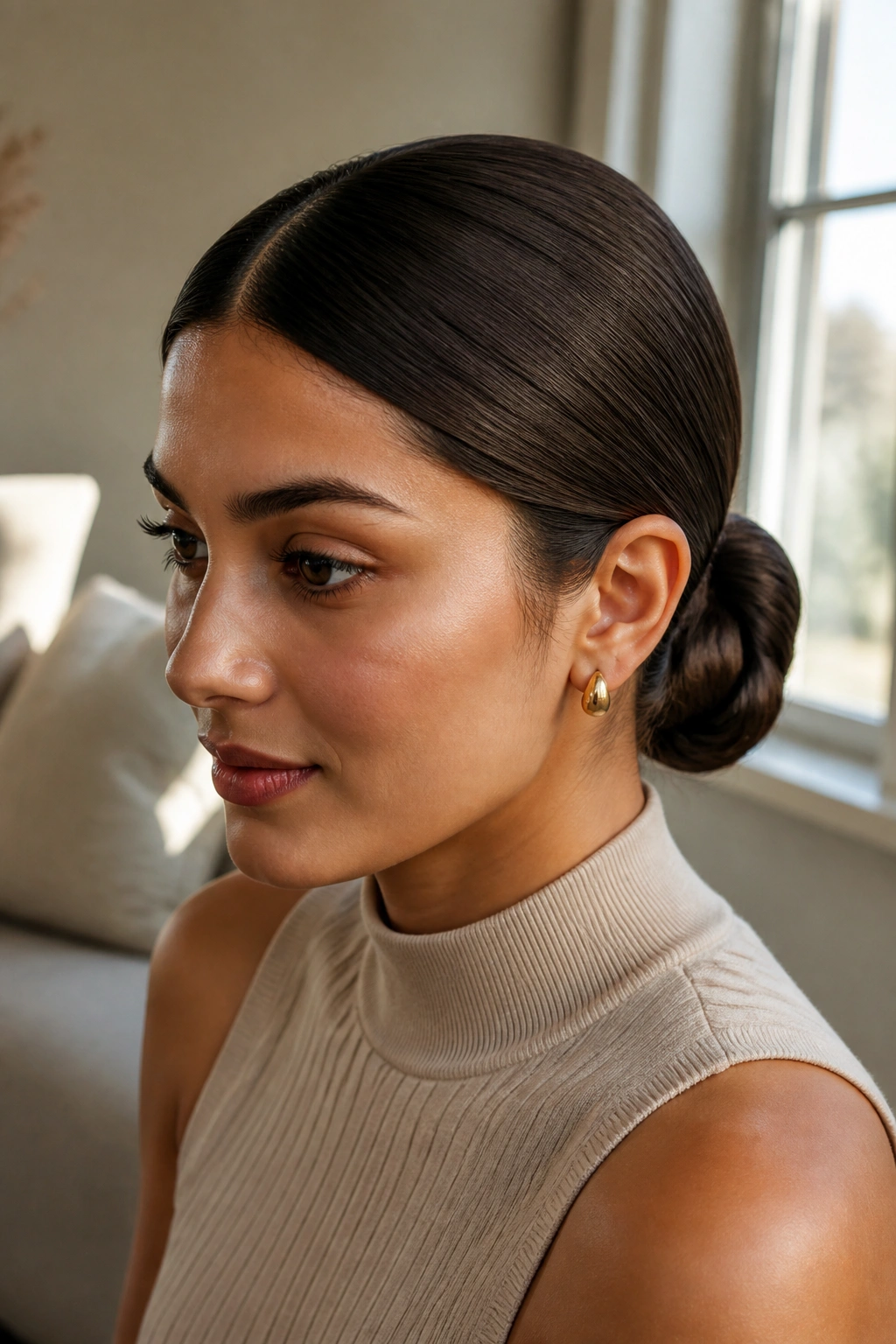 Close-up of a real woman with a center-part low bun at the nape