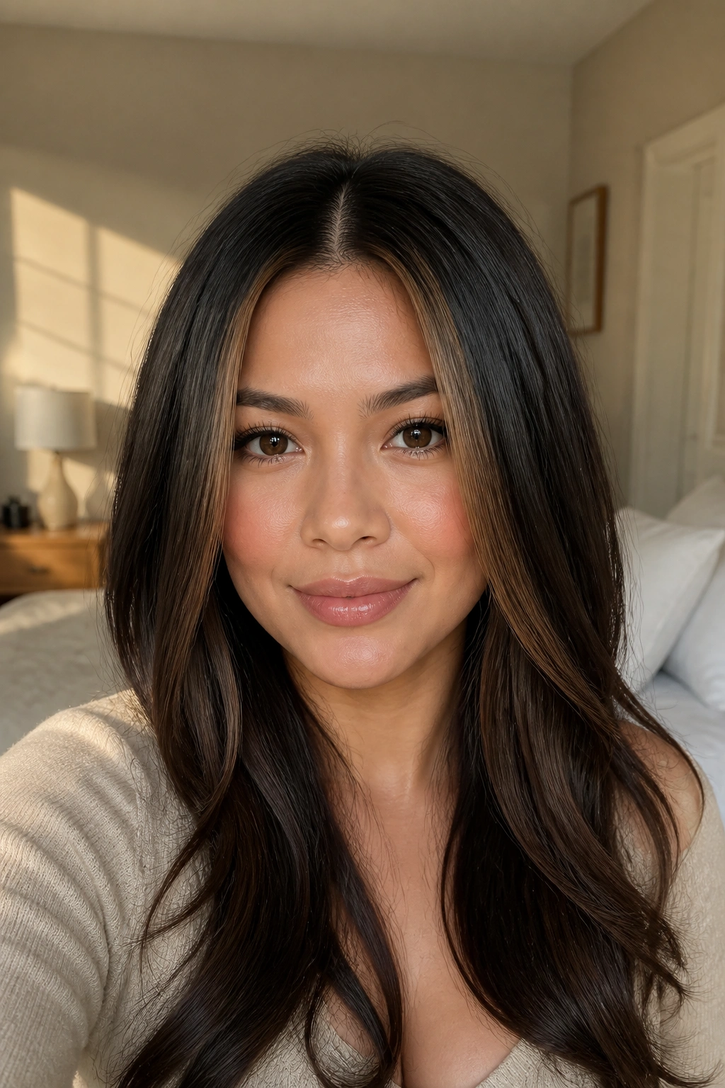 Portrait of real woman with center part and narrow caramel front pieces