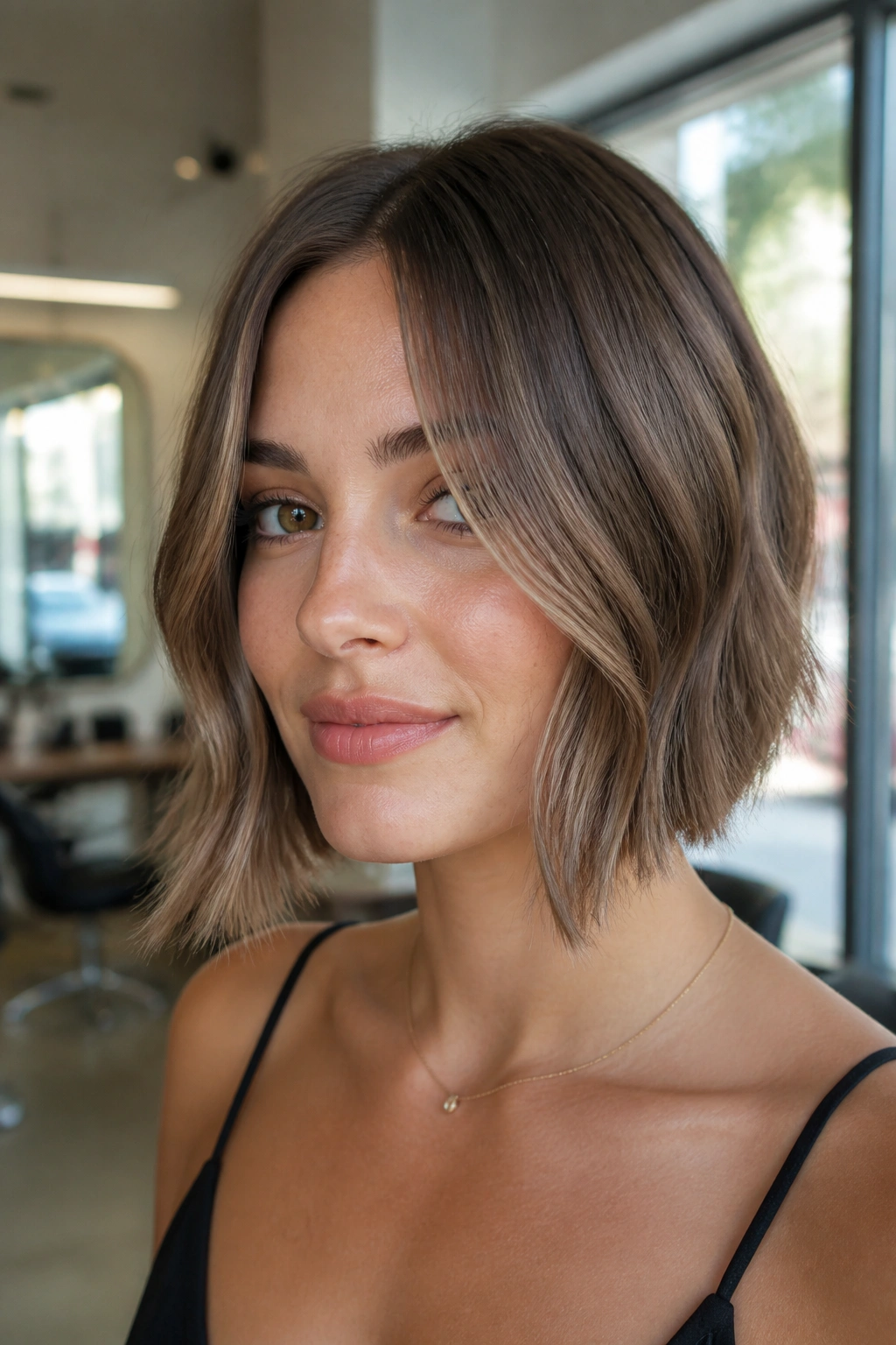 Close-up of a real woman with a center-part bob and face-framing pieces