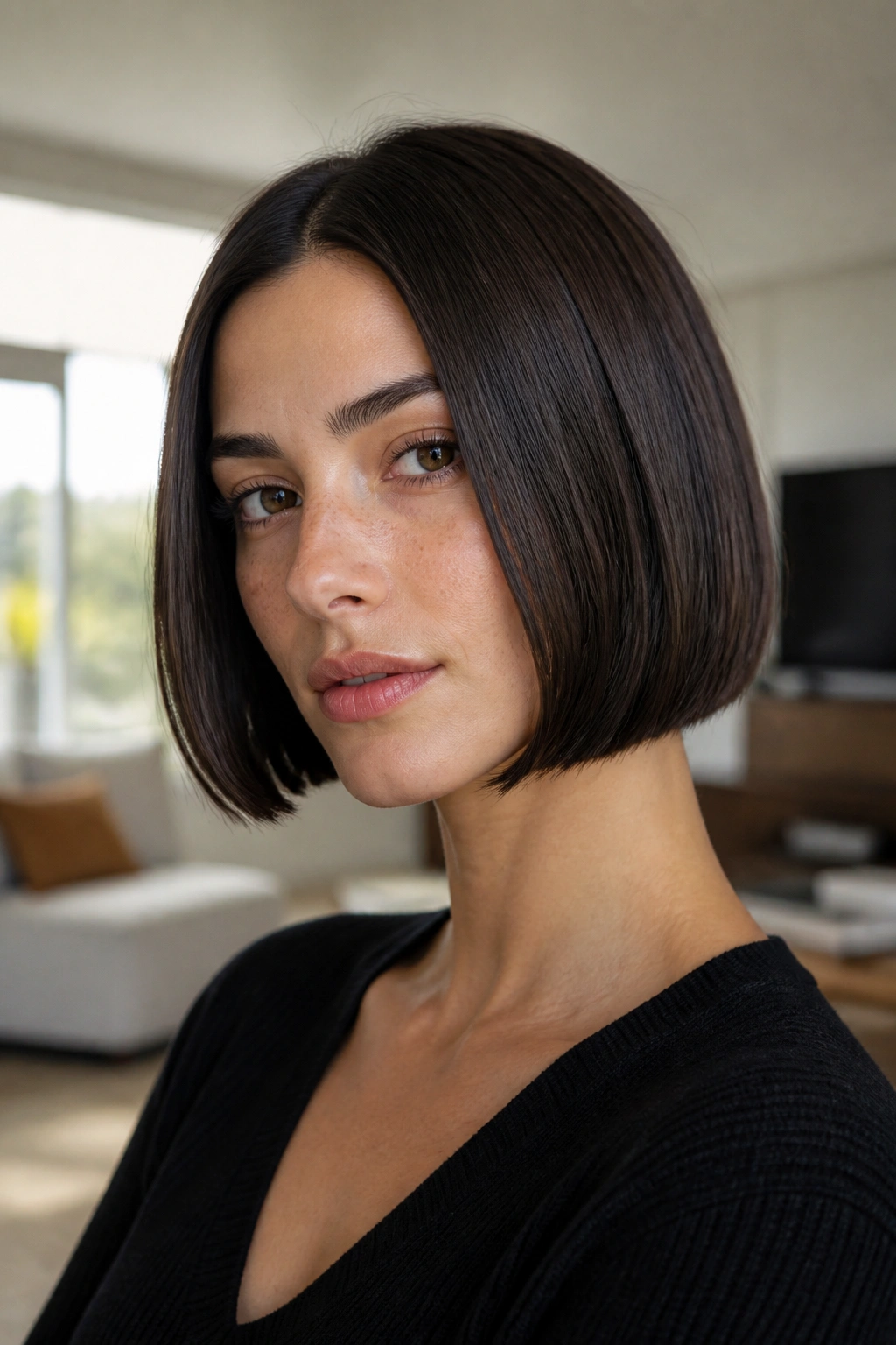 Close-up of woman with center-part chin-length French bob in natural daylight