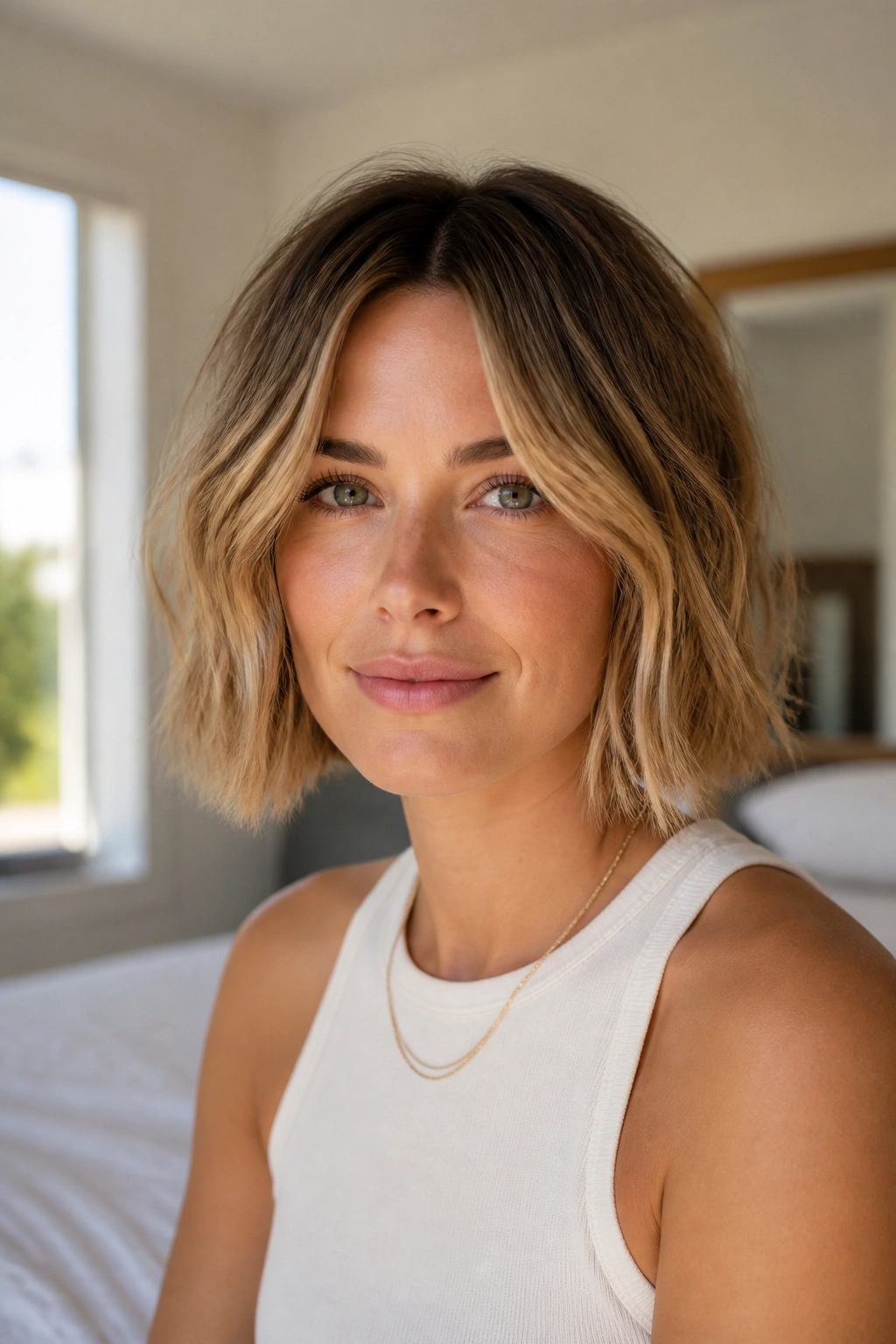 Real woman with center-part choppy bob, cheekbone texture and crown lift