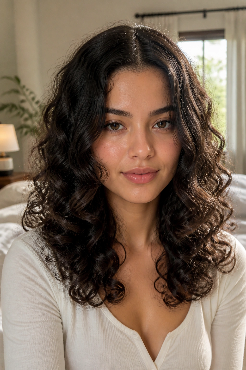 Portrait of a woman with center-parted curls and cheekbone-length layers