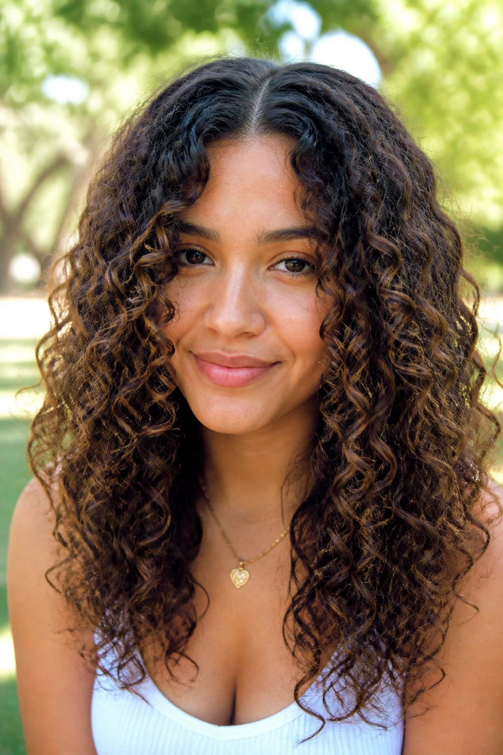Real woman with deep center-part spiral curls framing face