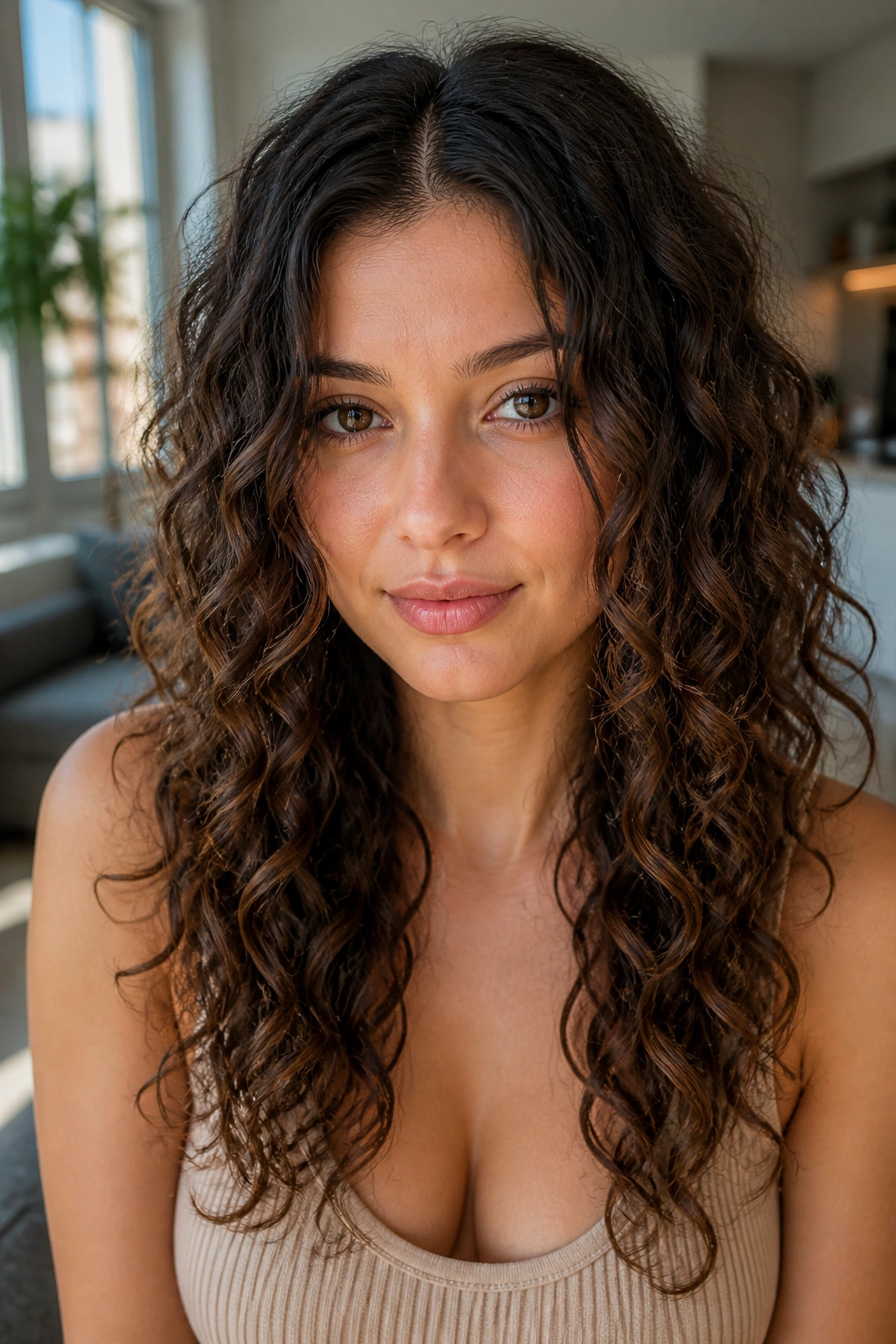 Real woman with center-part curls and long vertical layers in natural window light.