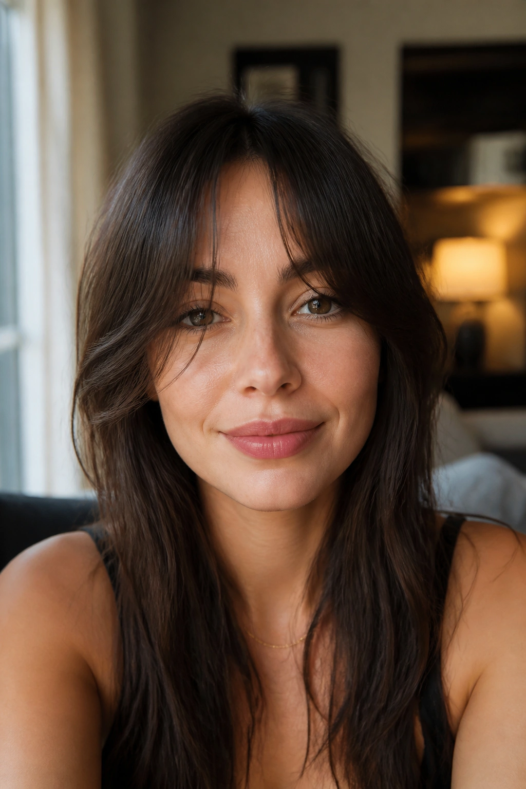 Close-up portrait of a woman wearing center-part curtain wispy bangs