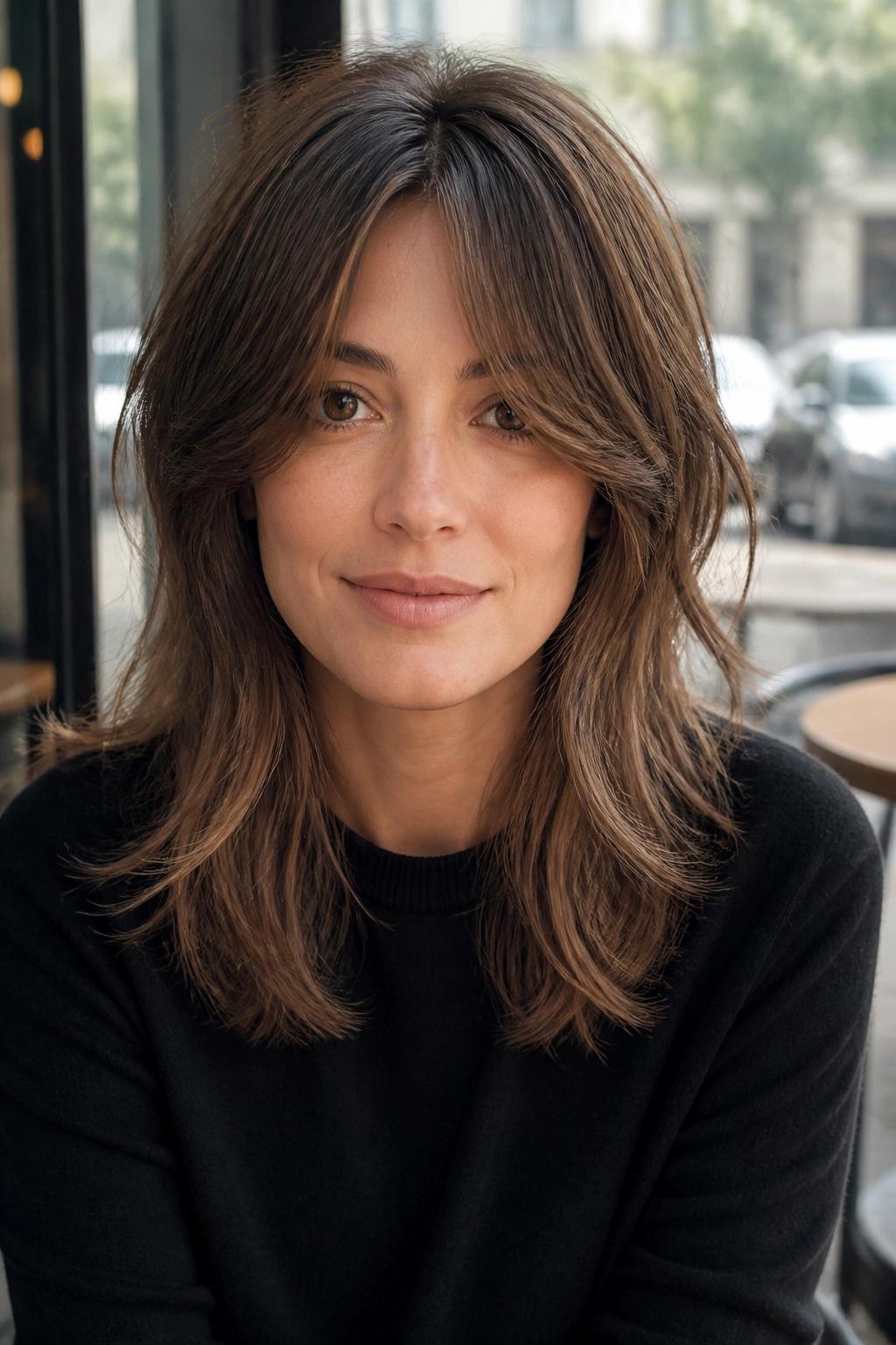 Close-up portrait of a woman with center-part shag and long curtain bangs