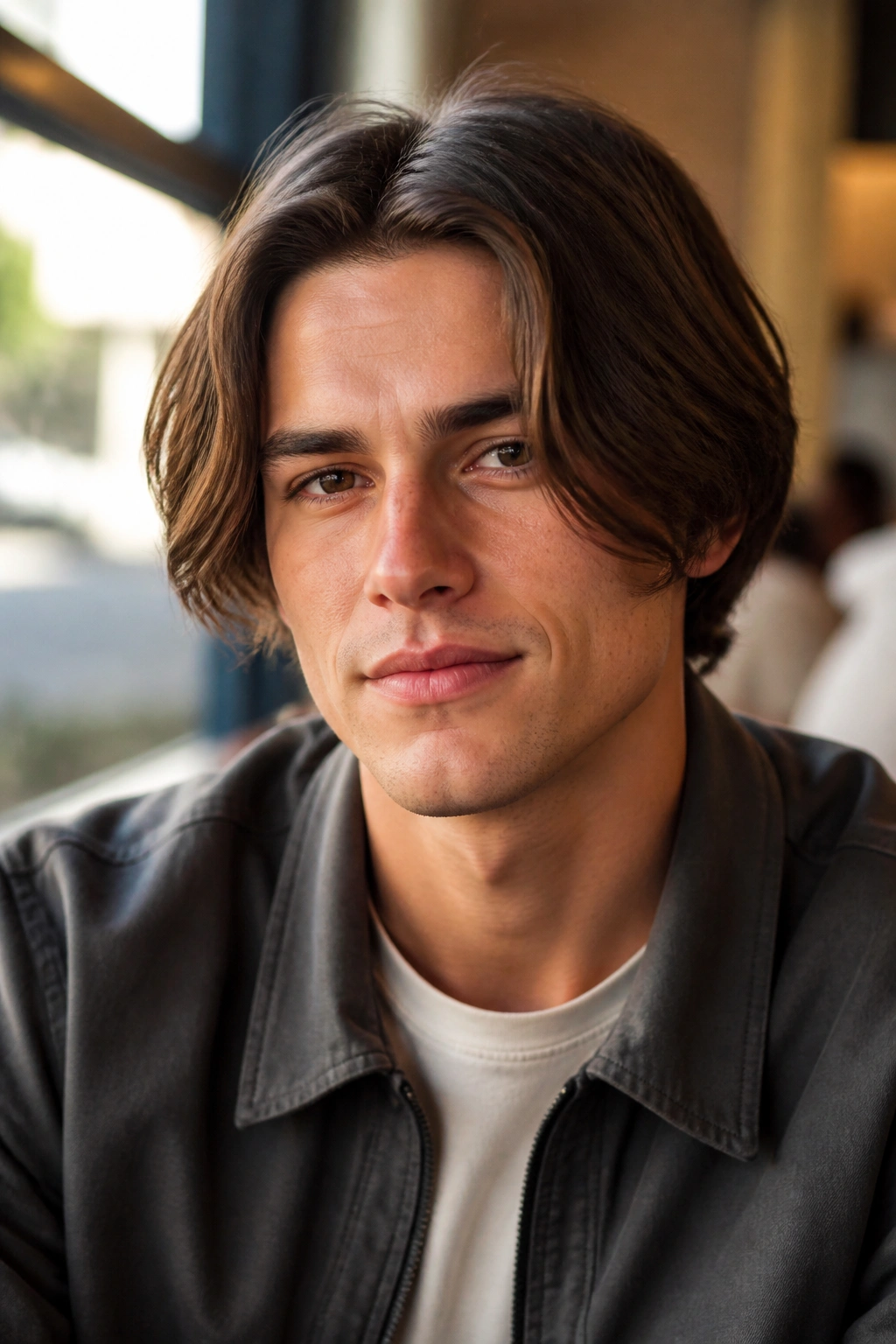 Medium close-up of a man with a center-parted curtain bob in cafe window light