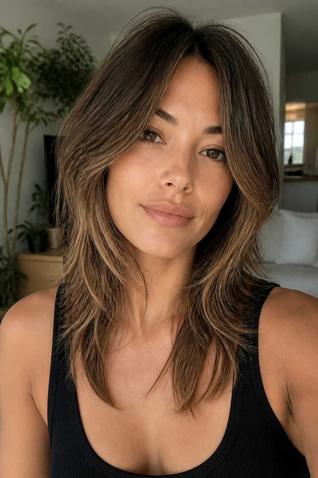 Close-up of a real woman with center-part elongated face-frame shag in natural daylight