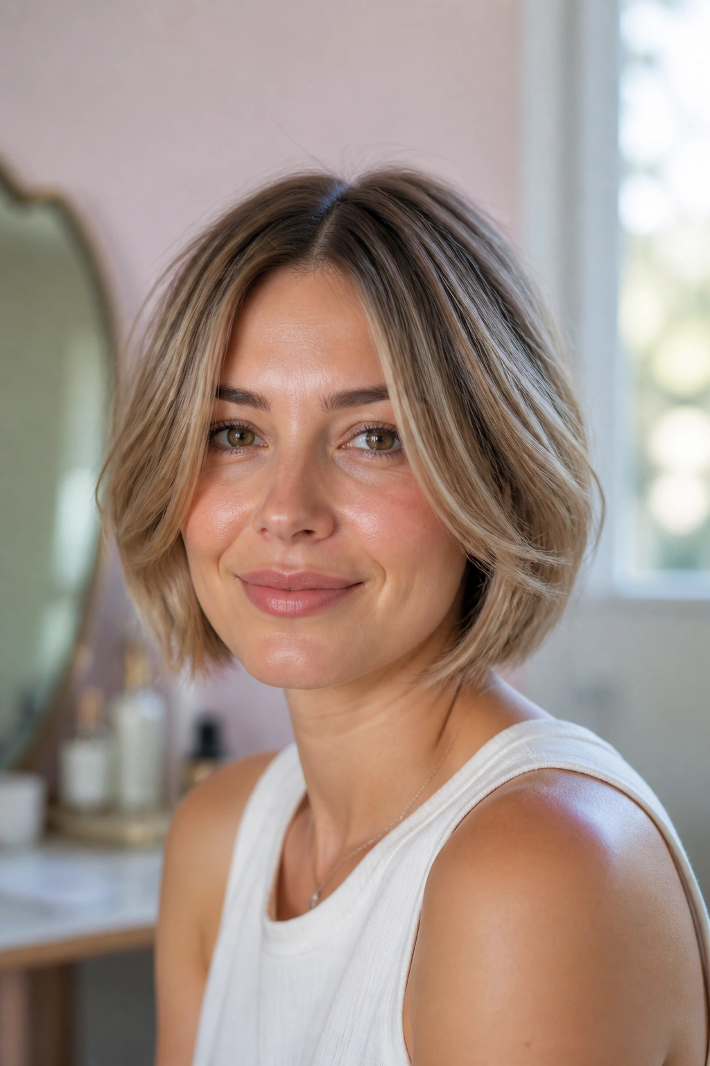 Portrait of a real woman with a center-part feathered bob showing soft, lifted sides.