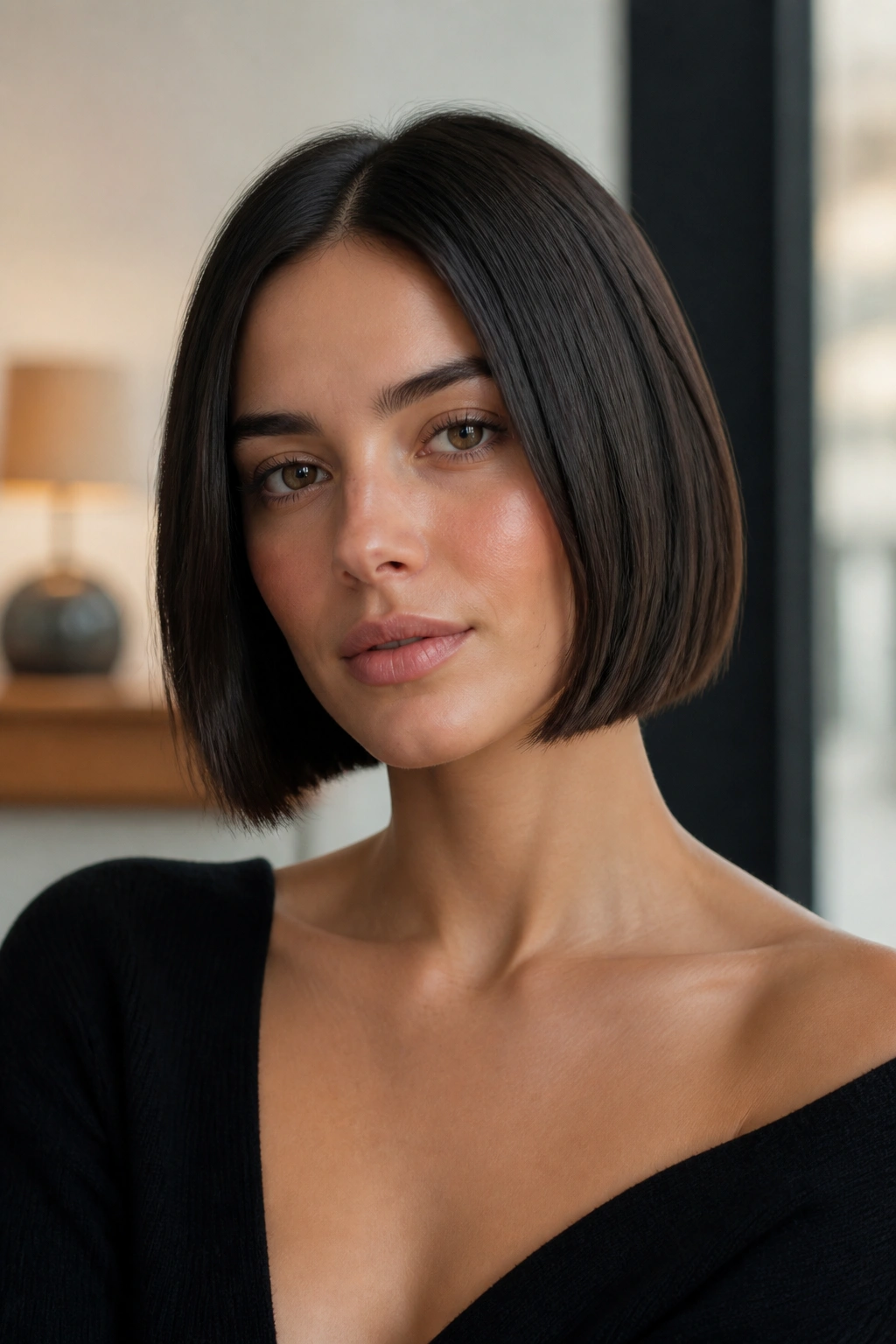 Real woman with a sleek center-part French bob