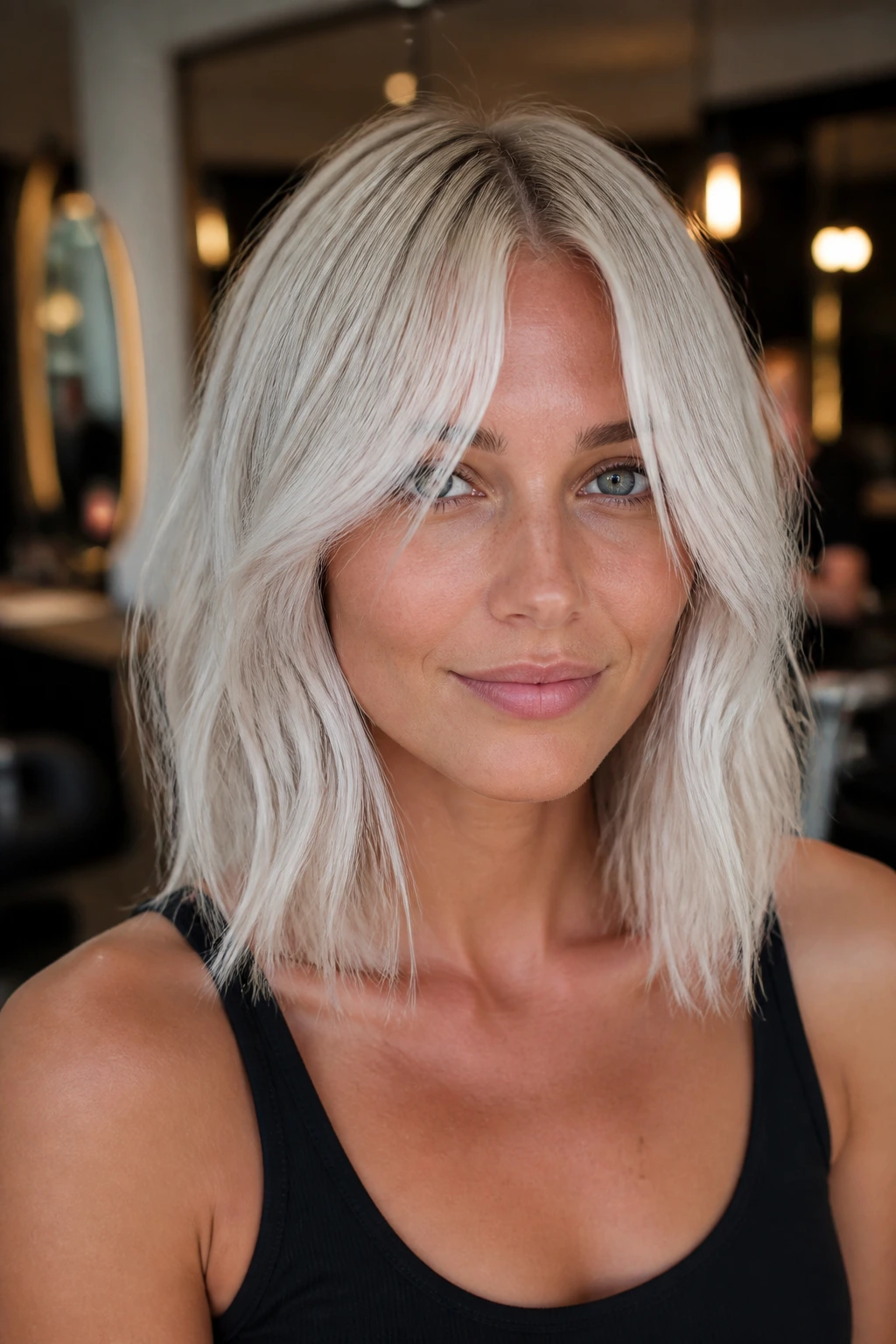 Close-up portrait of a real woman with center-part fringe pieces and collarbone-lob