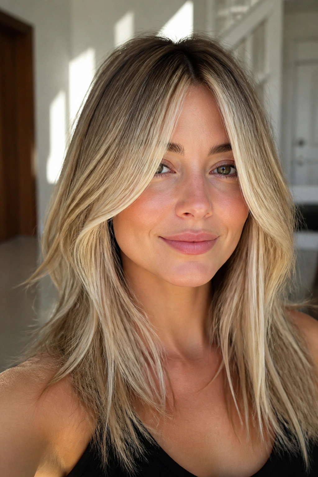 Close-up of a real woman with center-part fringe and bright money pieces.