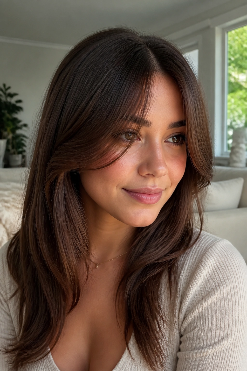 Close-up of a real woman with center-parted fringe and two soft cheek panels