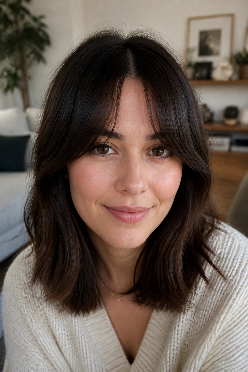 Real woman wearing a center-part fringe with a tiny gap at the center.