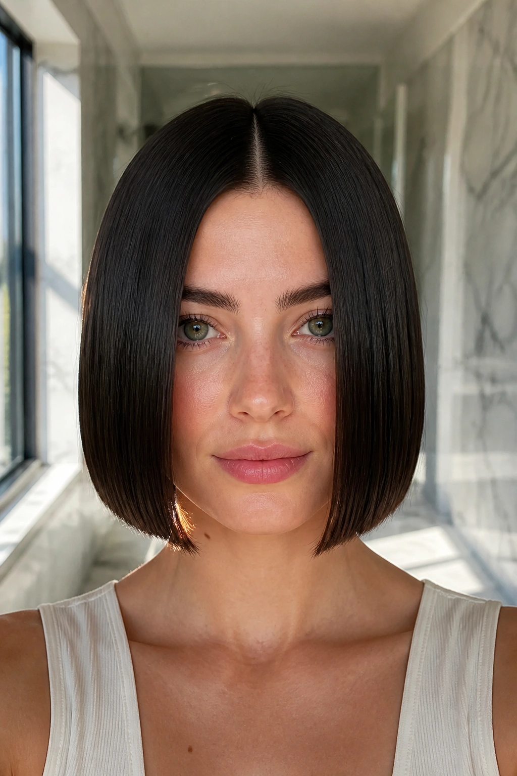 Front close-up of a real woman with a center-part glass bob.